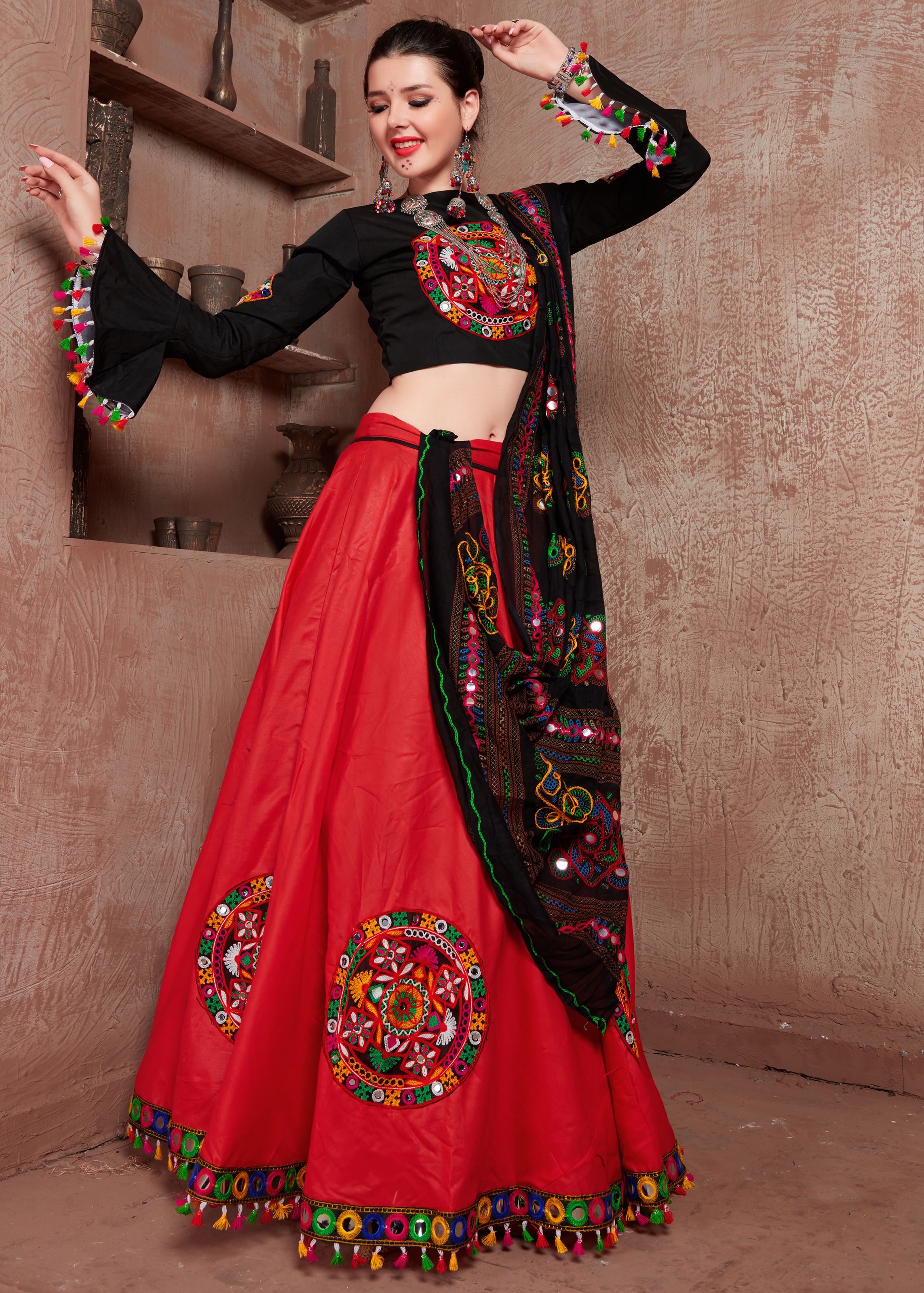 Red And Black Navratri Chaniya Choli With Gamthi Work Butta And  Tassels Lace
