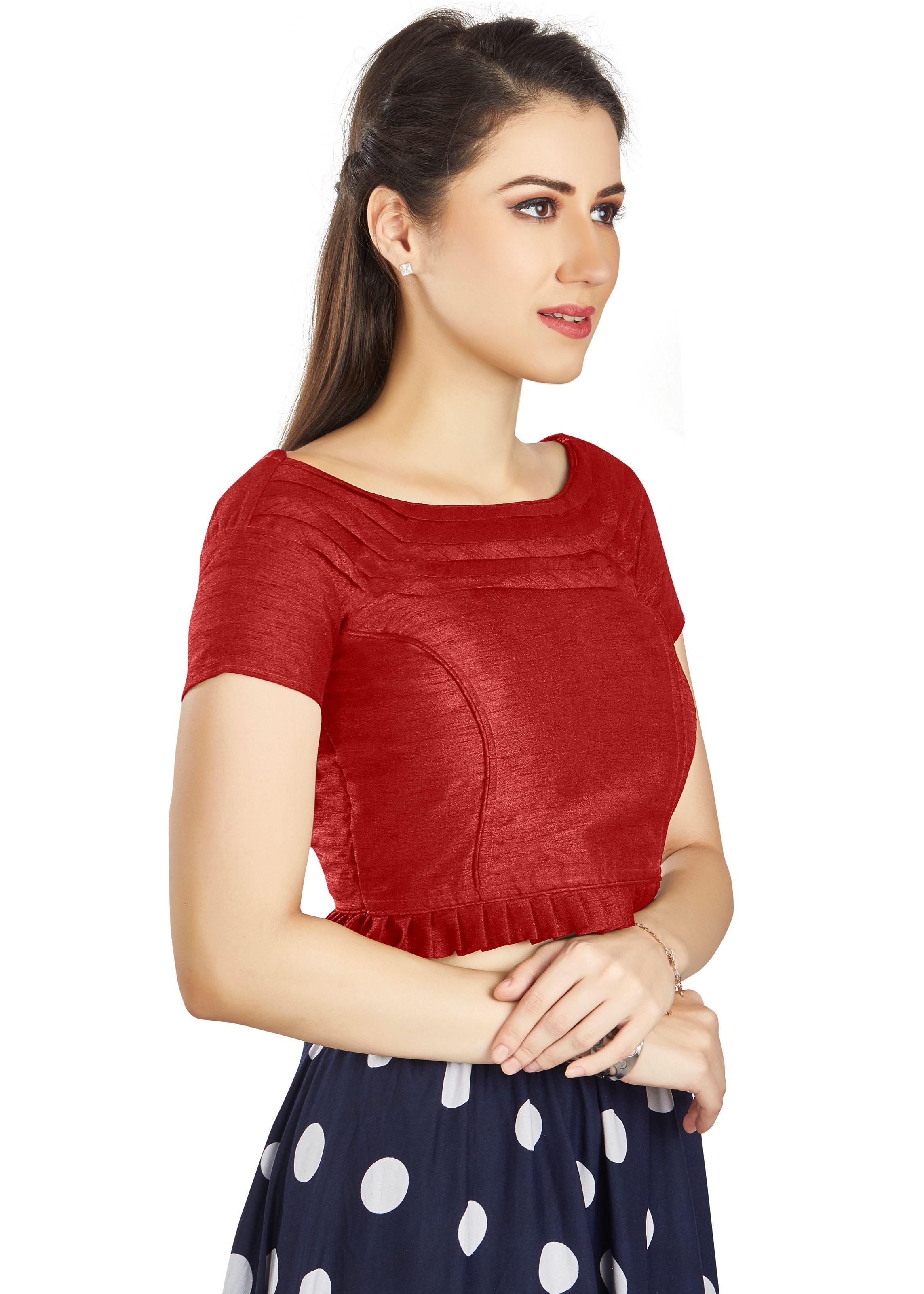 Red Art Silk Pleated Boat Neck  Blouse With Princece Blouse