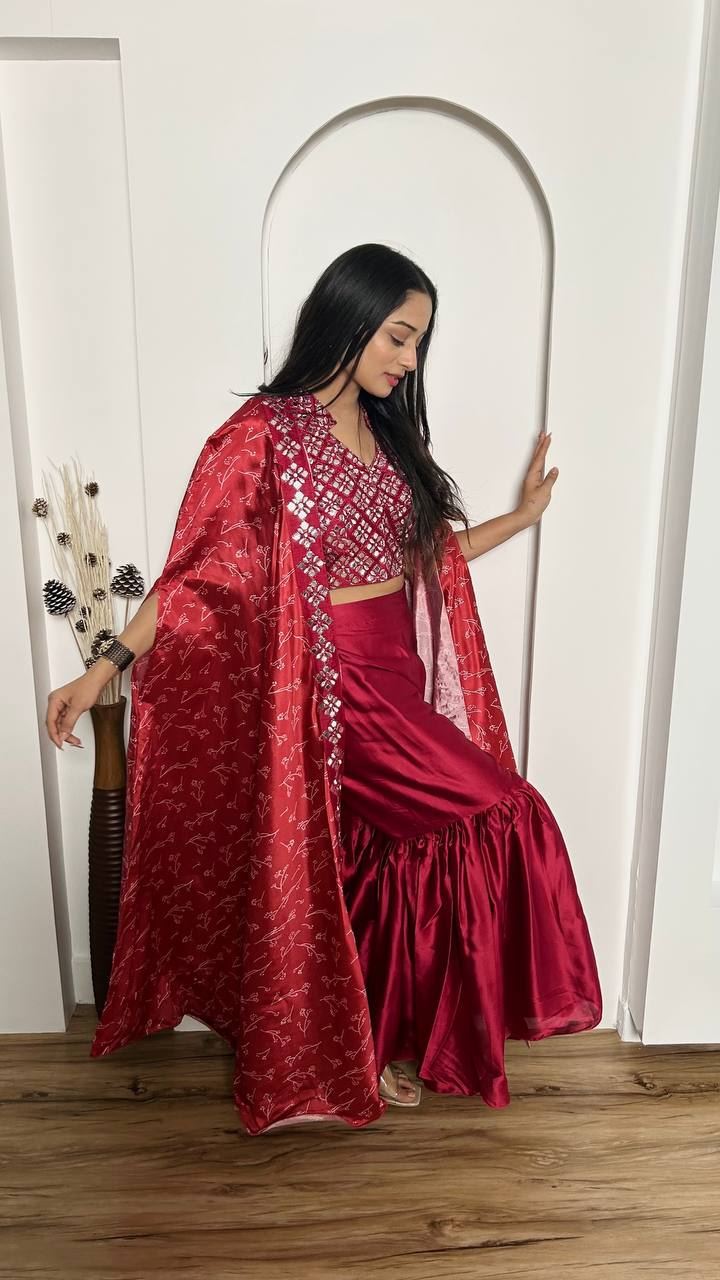 Red Lehenga Choli With Digital Print & Paper Mirror Border Work