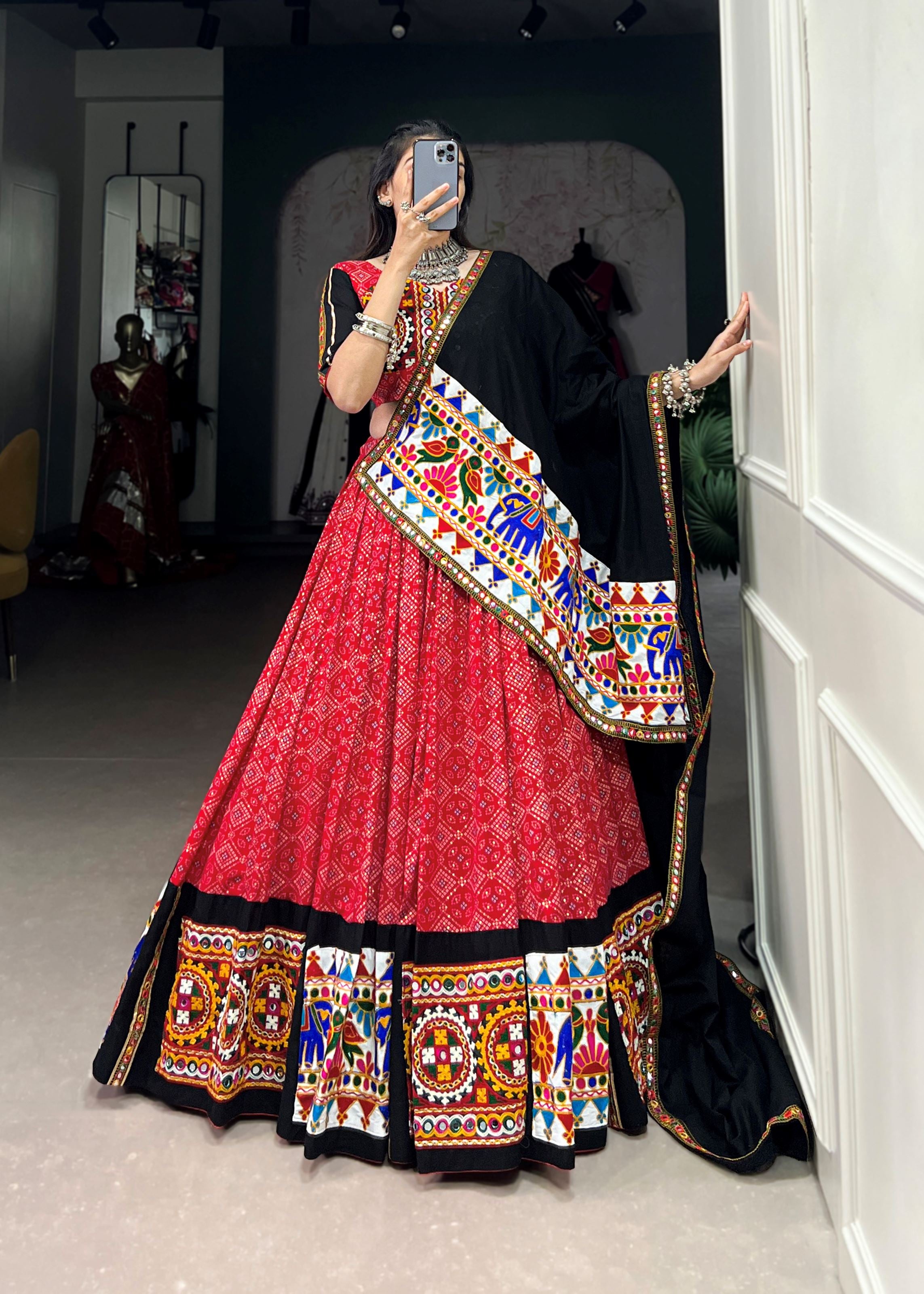 Red Printed Gamthi  Mirror Work Lehenga Choli