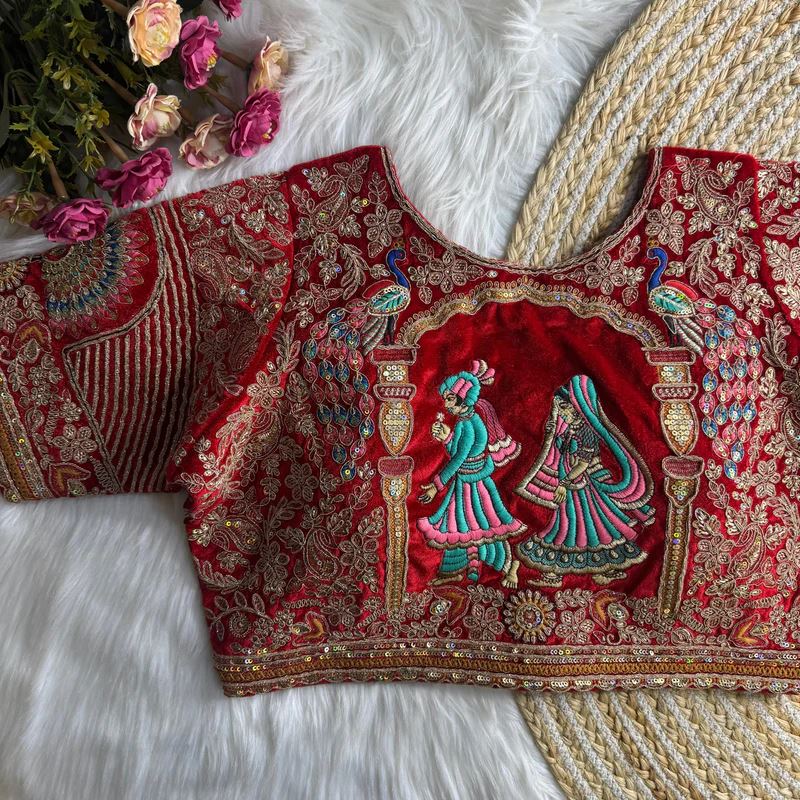 Red  Royal Rajwadi Velvet Wedding Blouse with Dulha Dulhan Embroidery