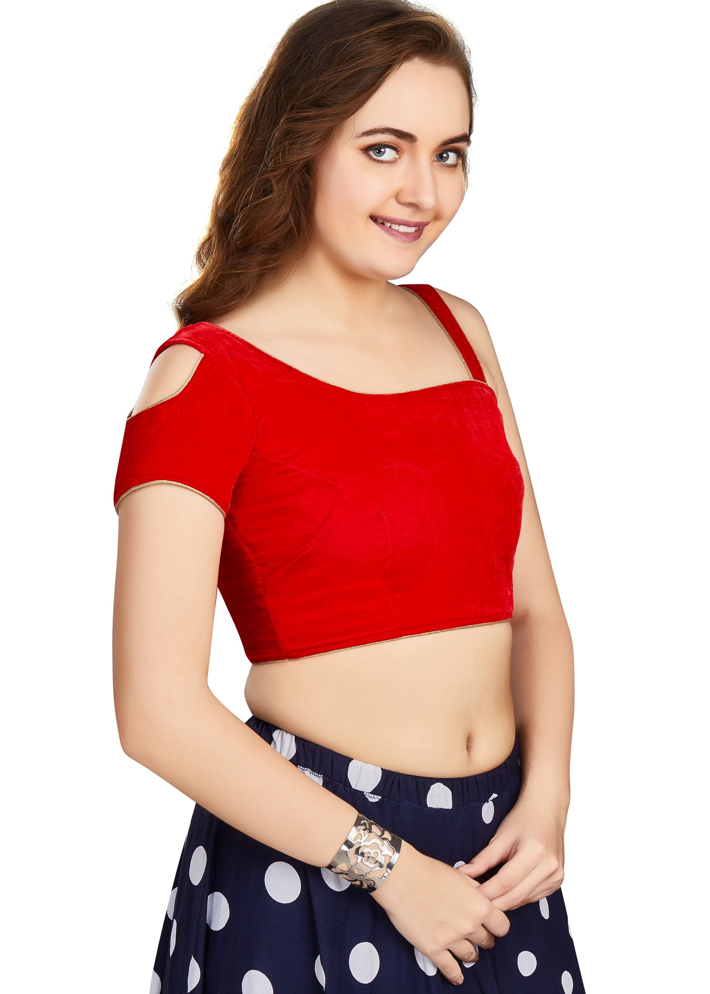 Red Velvet Boat Neck Plain Blouse