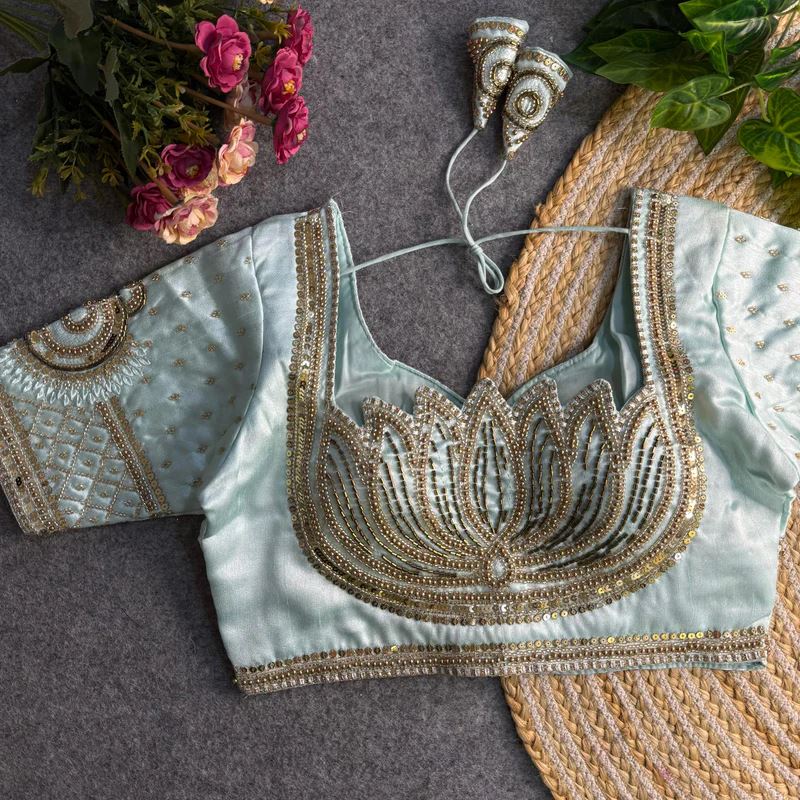 Sky Blue Sabyasachi-Inspired Heavy Bridal Blouse with Exquisite Lotus Beads Embroidery