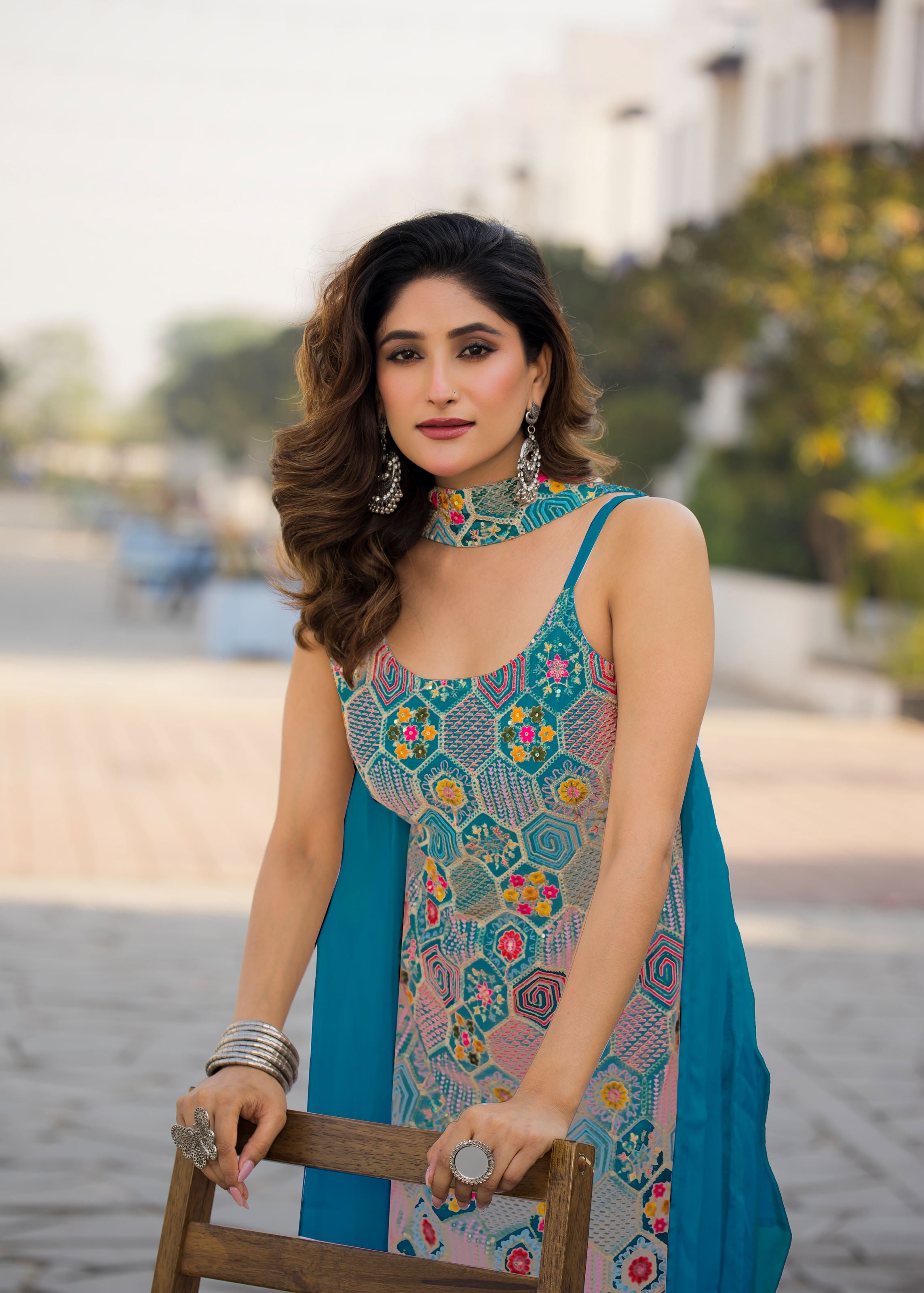 Sky Sharara Dress With Embroidery Work