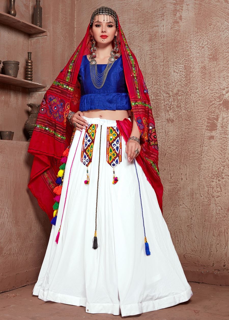 White And Blue Navratri Chaniya Choli With Gamthi Work Butta And  Tassels Lace