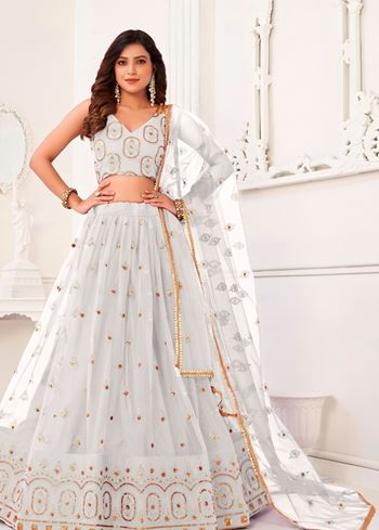 White Butterfly Net Lehenga Choli With  Thread And Zari Sandwich Sequence Embroidery Work