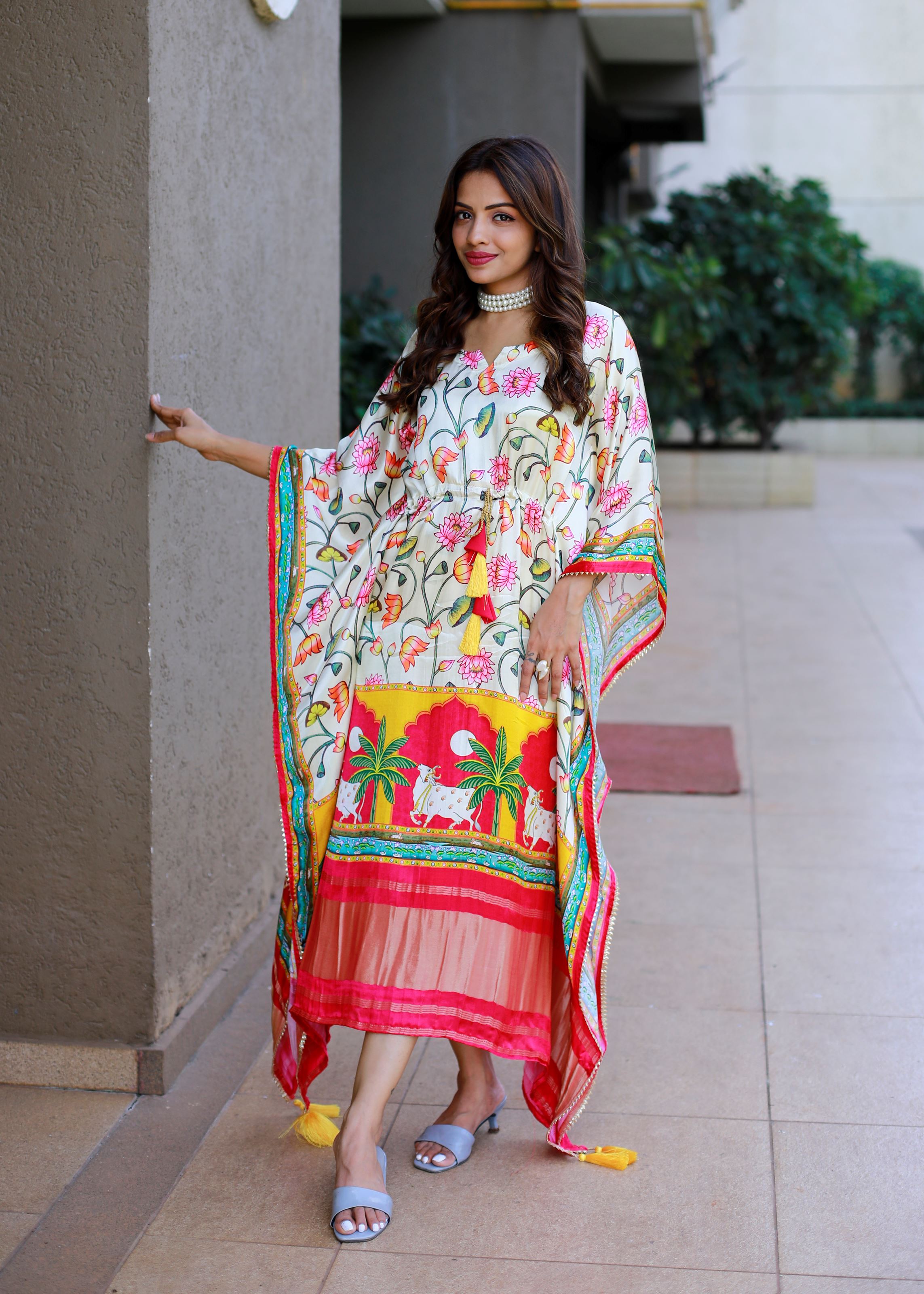 White Color Pure Gaji Silk Kaftan with Gotta Patti  Tassels