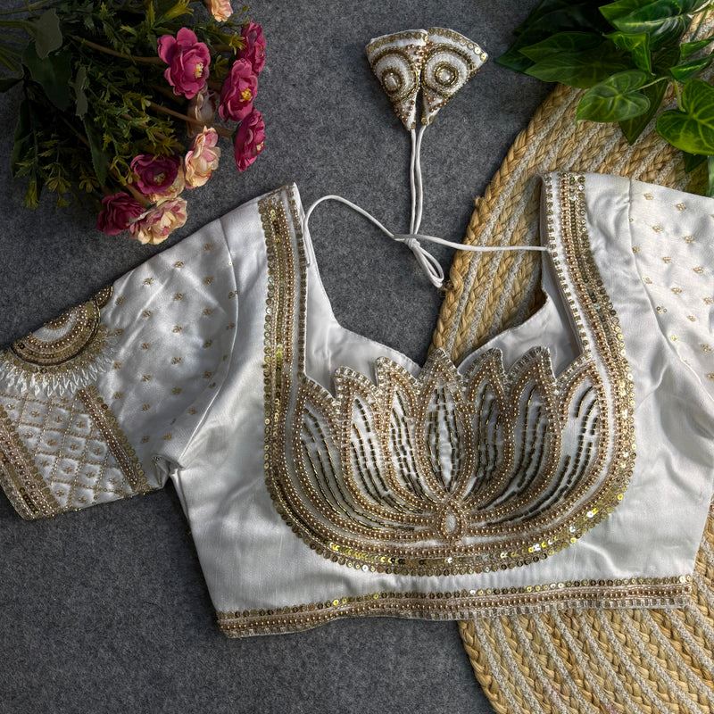 White Sabyasachi-Inspired Heavy Bridal Blouse with Exquisite Lotus Beads & Embroidery