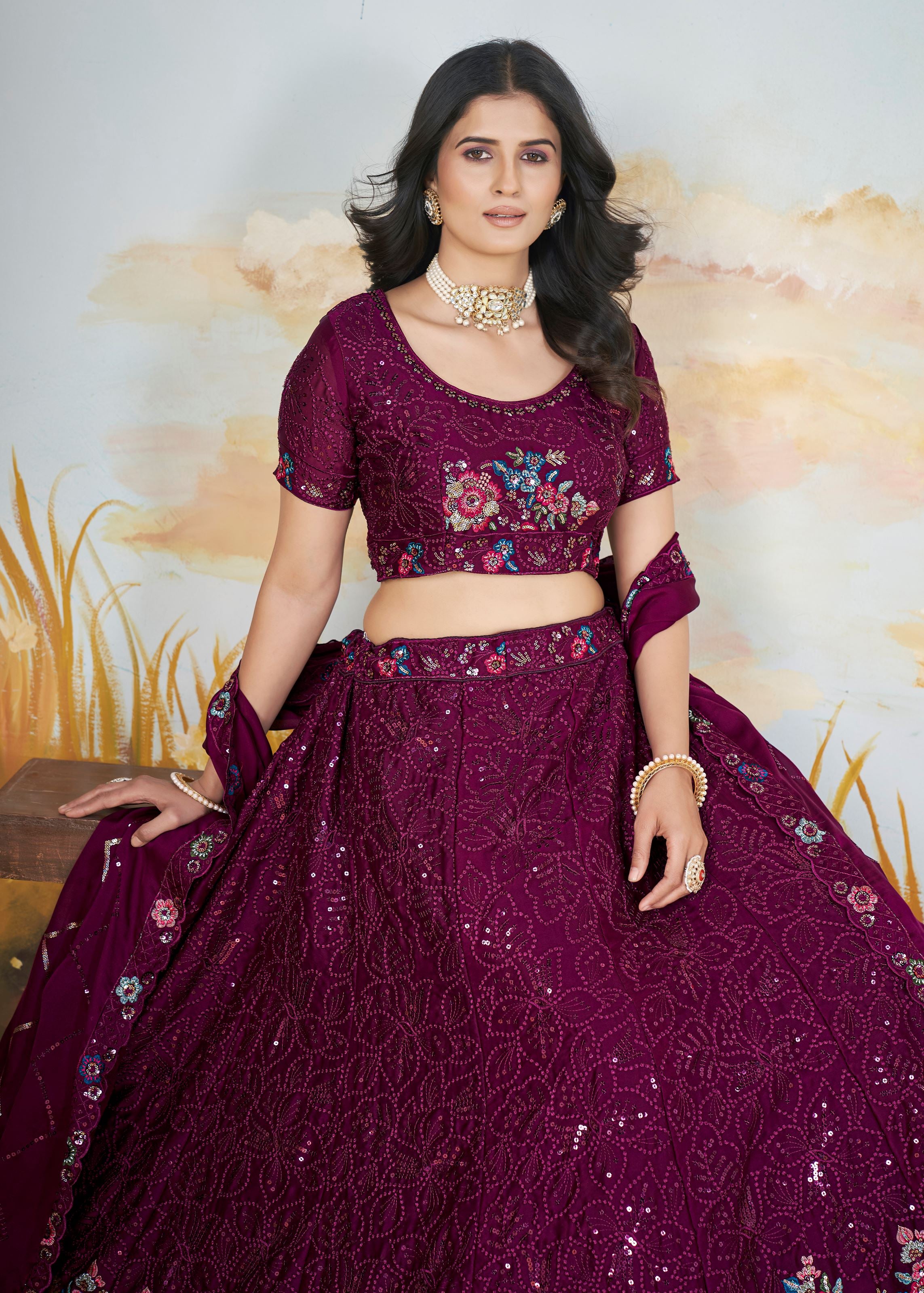 Wine Chinnon Lehenga with Floral Pattern  Sequin Work