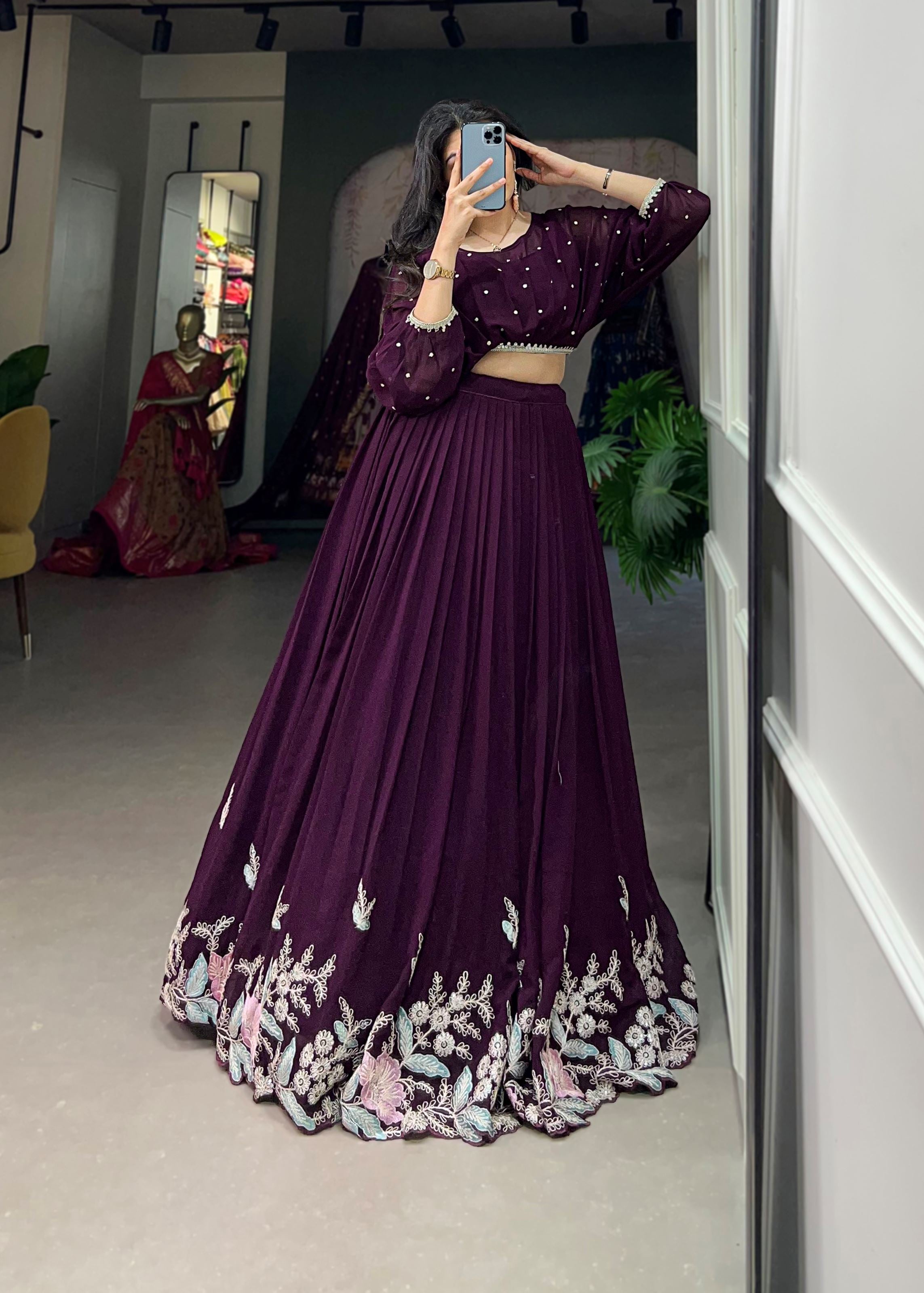 Wine Georgette Lehenga with Sequin and Thread Detailing Light  Elegant