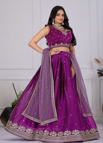 Wine Lehenga Choli With Embroidery With Zari Thread  Sequence Work