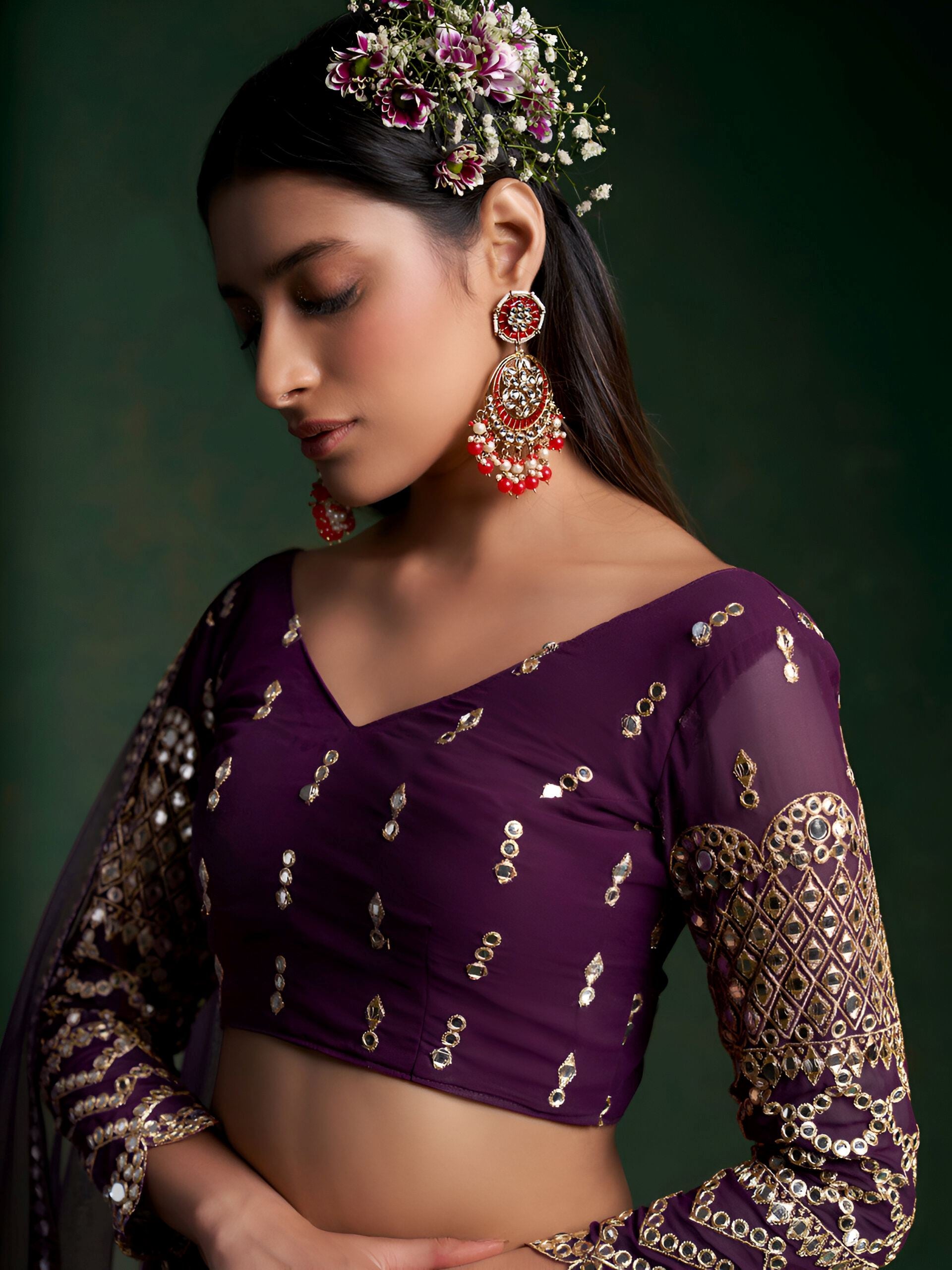 Wine Lehenga Choli with Heavy Zari Sequence Mirror work