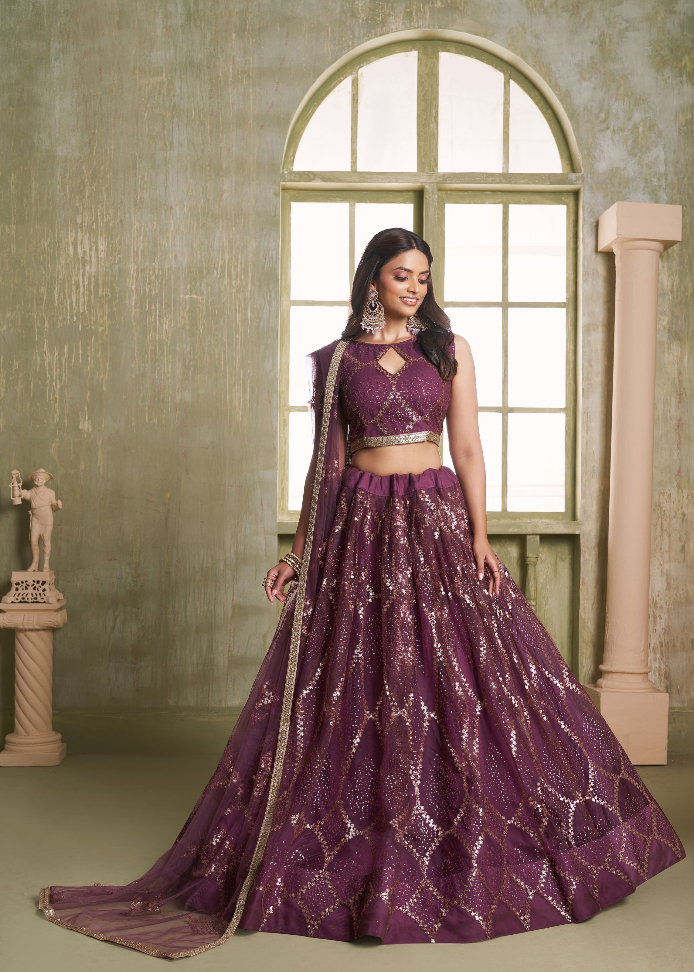 Wine Net Lehenga with Tone-to-Tone Zari  Sequence Embroidery