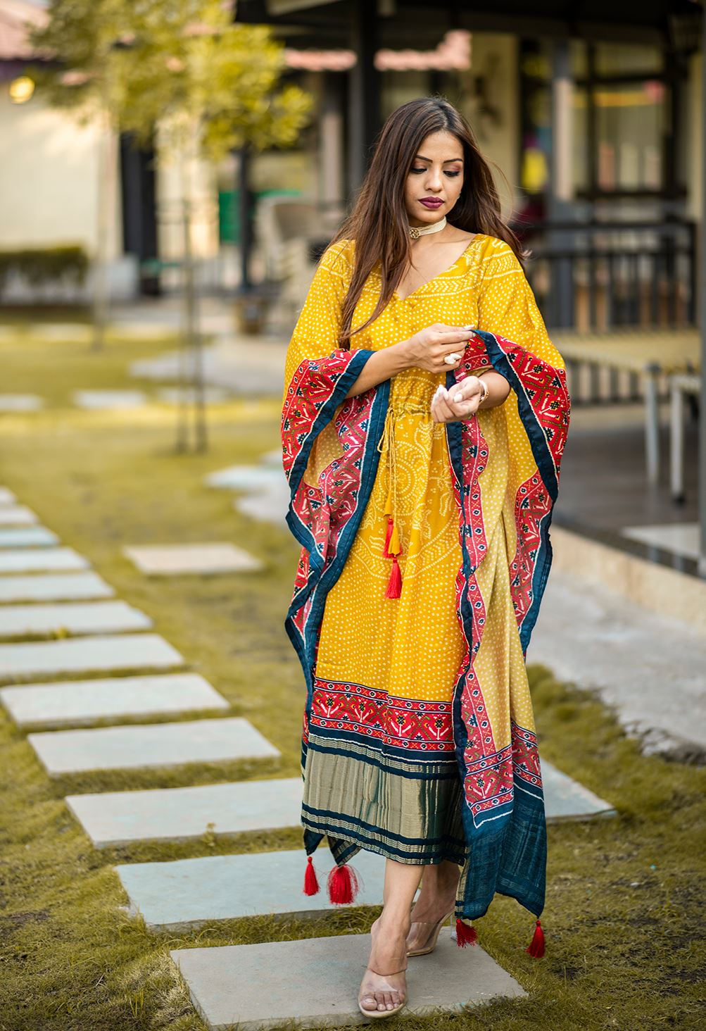 Yellow Color Pure Gaji Silk Kaftan with Gotta Patti  Tassels