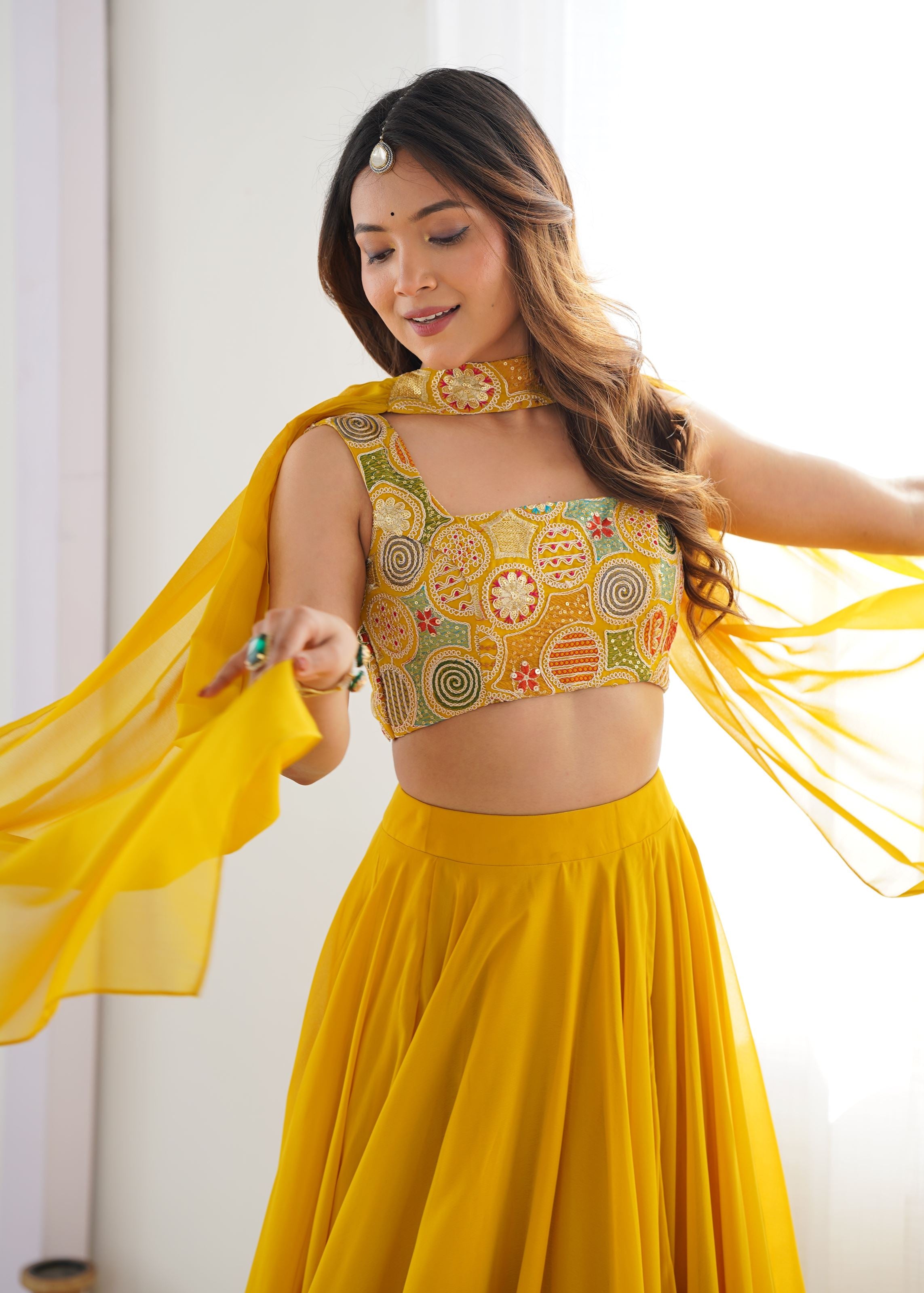 Yellow Georgette Lehenga with 9 Needle Thread  Dori Embroidery