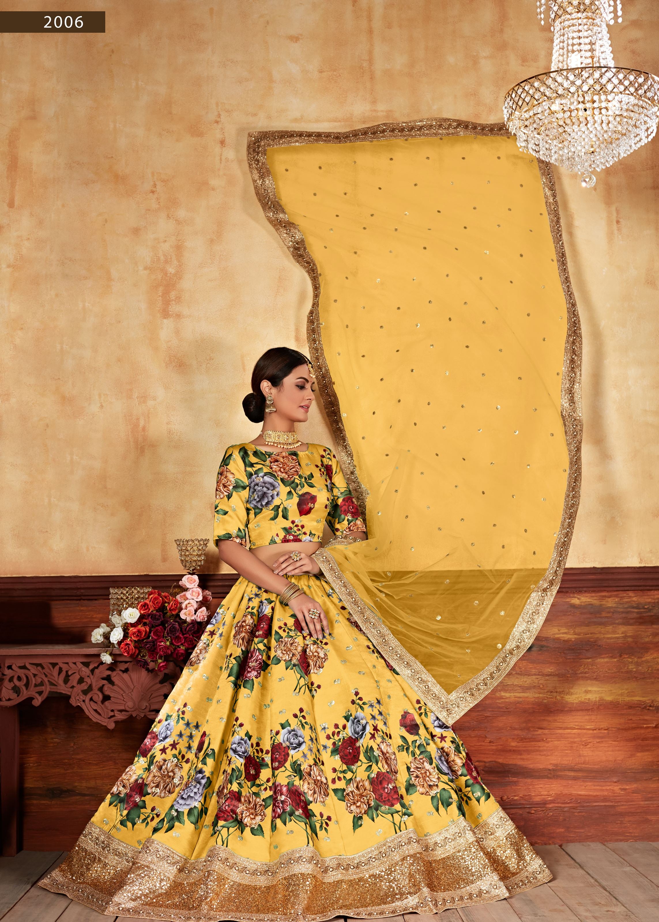 Yellow Lehenga Choli With Digital Print And Dori With Jari Sequins Butti,Embroidered Border And Pearl Work