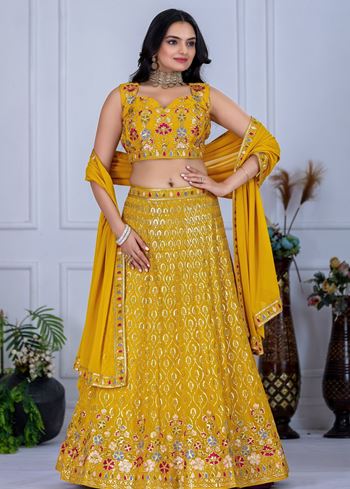 Yellow Lehenga Choli With Embroidery With Multi Thread  Sequence Work