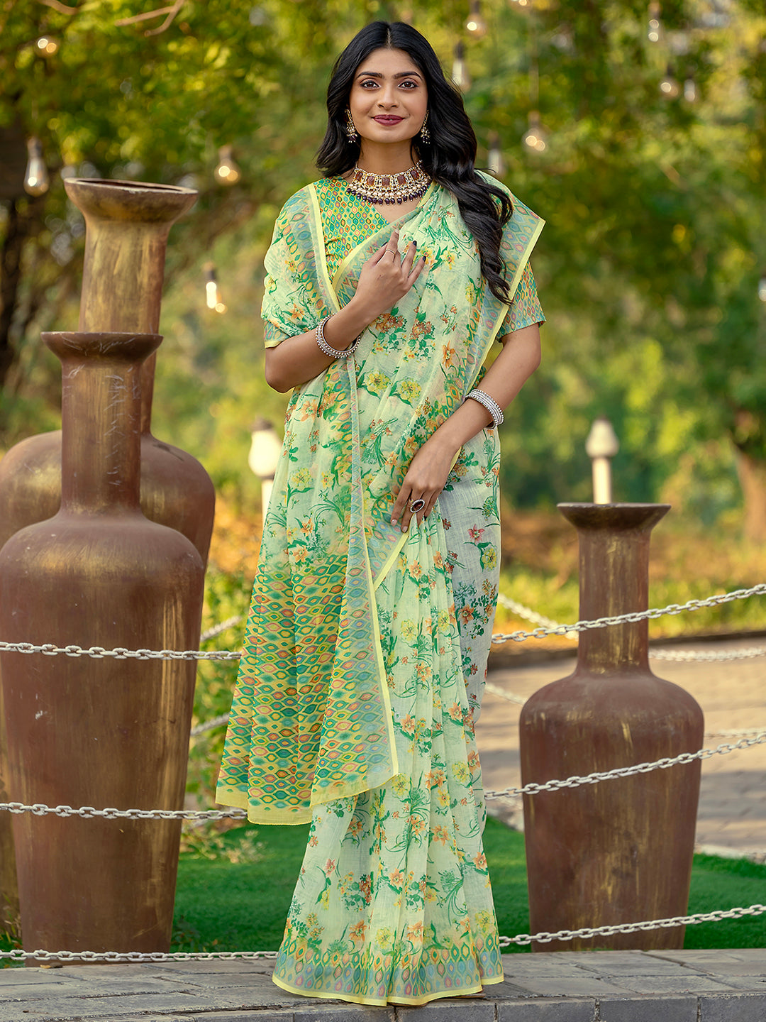 Lemon Yellow Linen Printed Summer Wear Saree