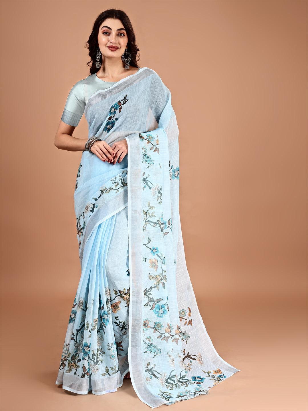 Blue Linen Casual Printed Saree