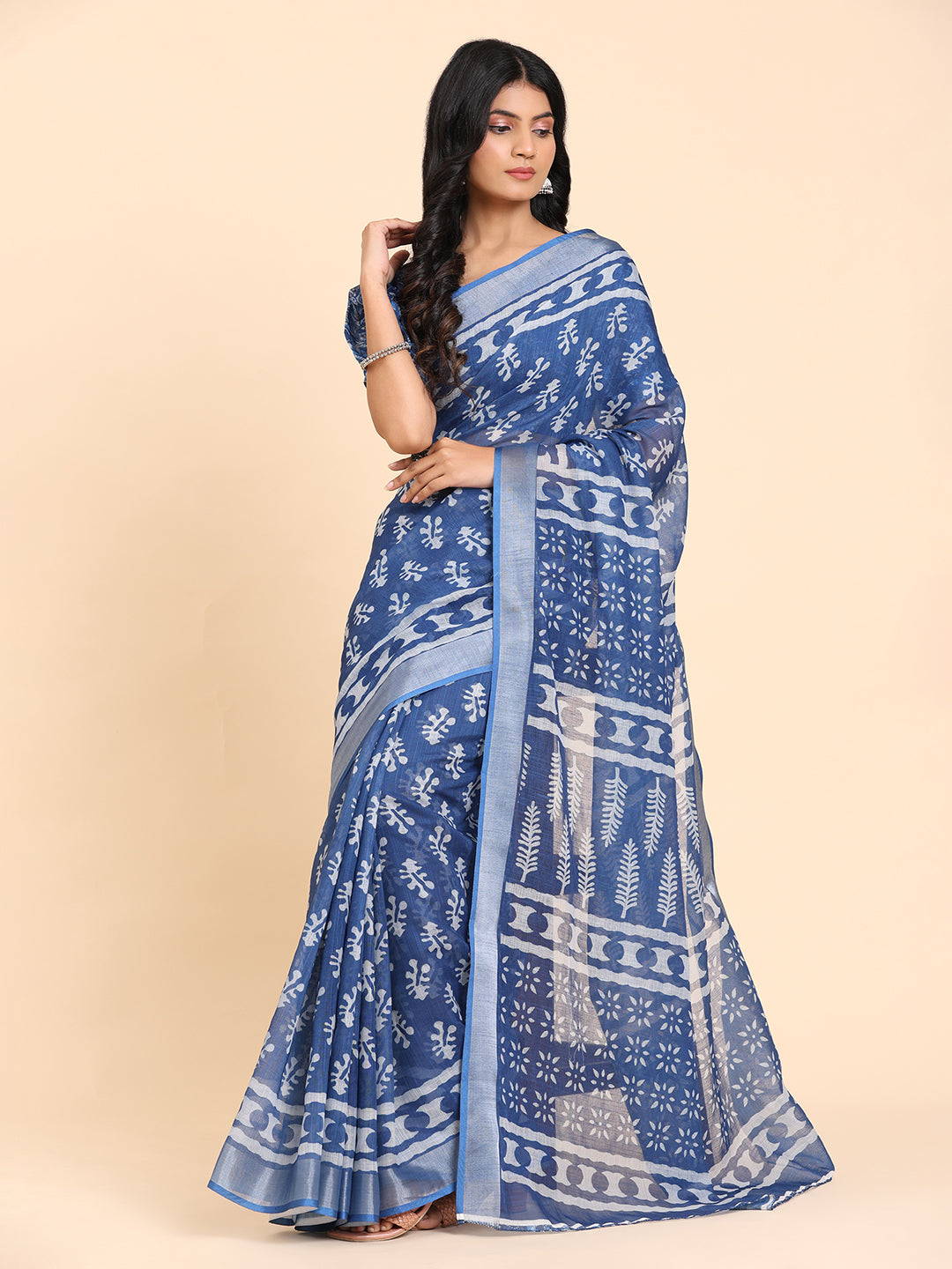 Indigo Blue Linen Printed Ethnic Saree