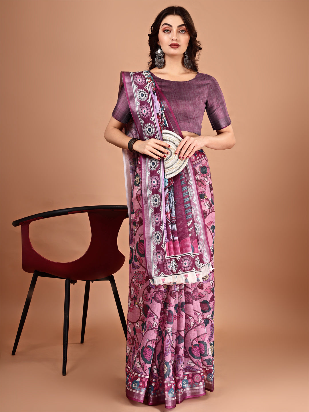 Magenta Linen Designer Printed Saree