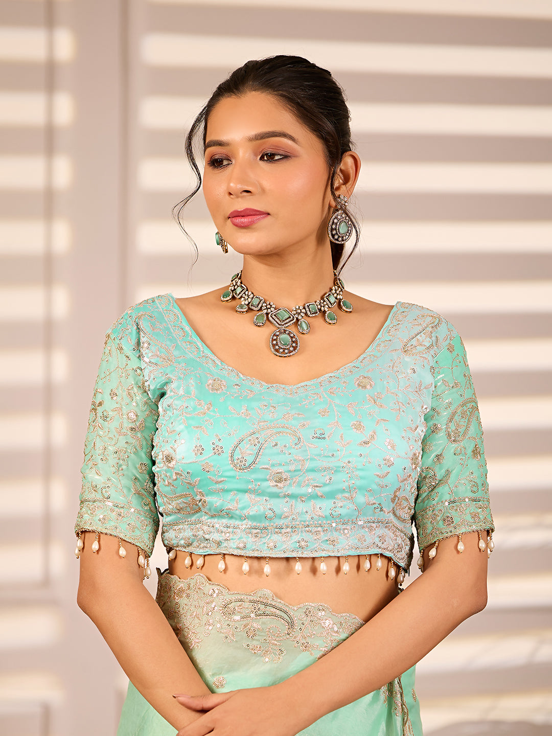 Blue Green Dual Tone Satin Silk Party Wear Saree With Sequins Embroidery