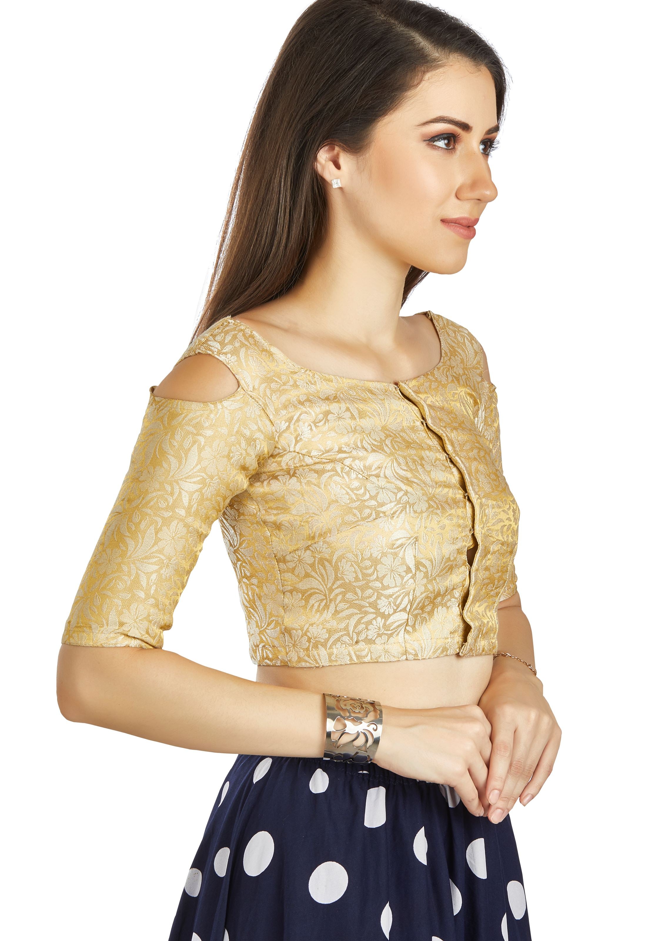 Beige Brocade Boadt Neck Blouse With Cold Sleev