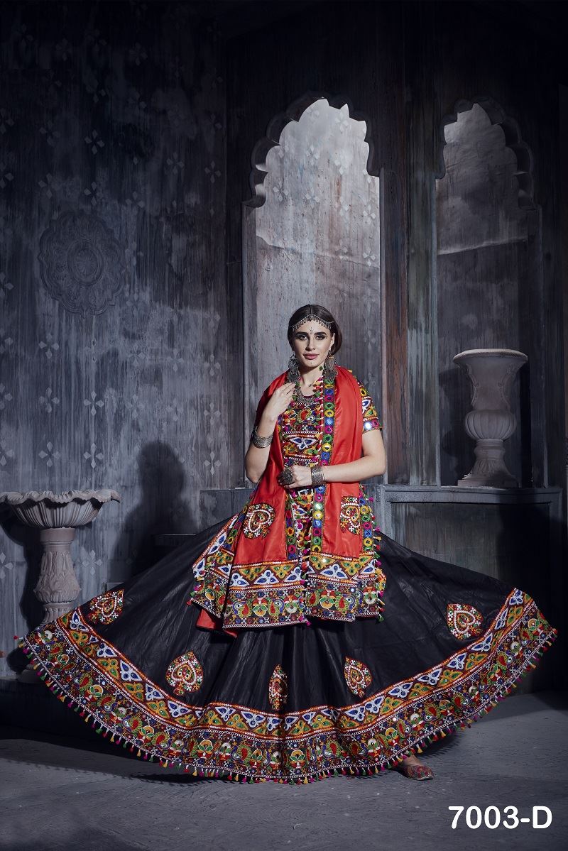 Black And Royal Blue Navratri Chaniya Choli With Gamthi Lace Work With Mirror Work