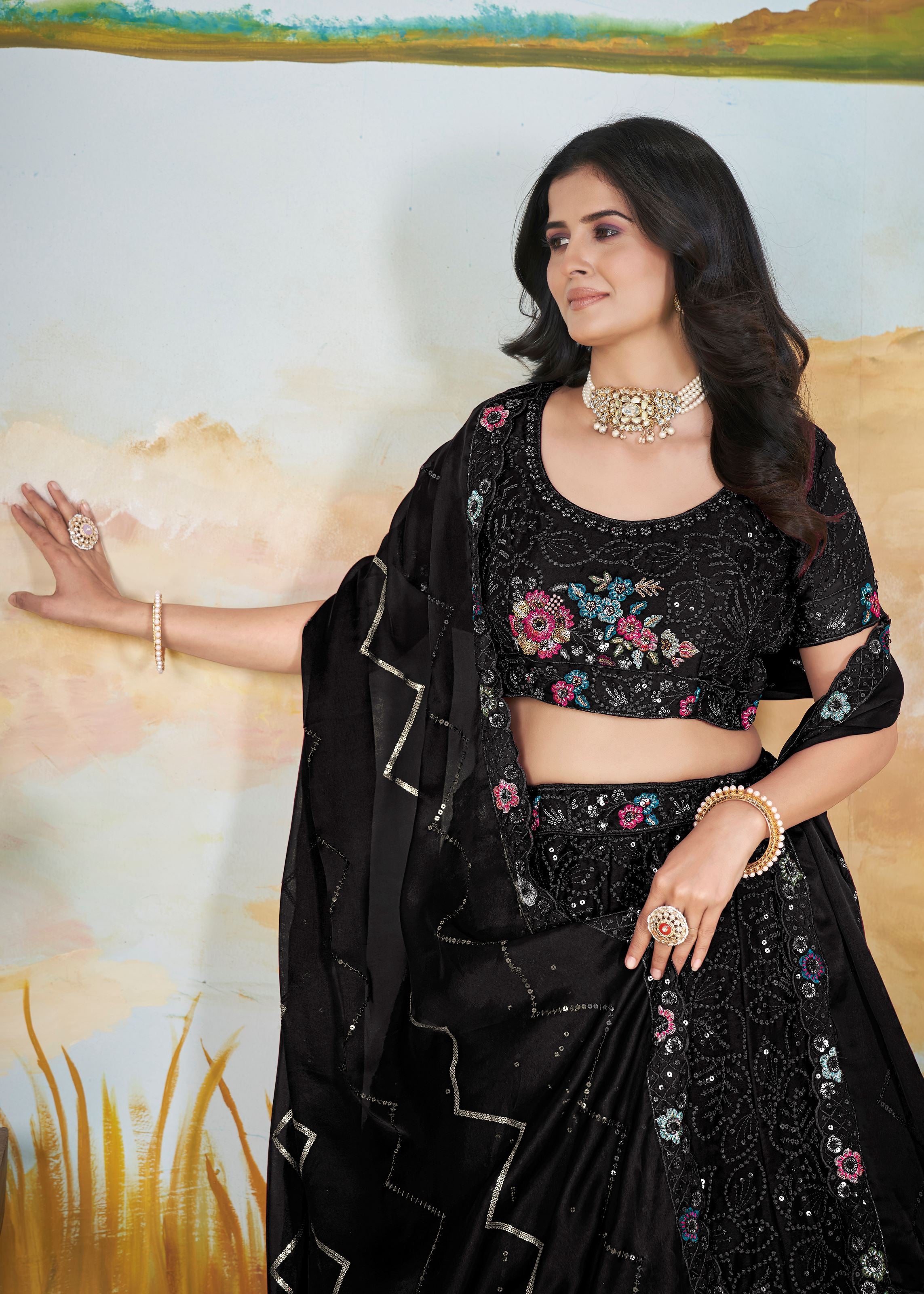 Black Chinnon Lehenga with Copper Sequins  Multi Thread Embroidery