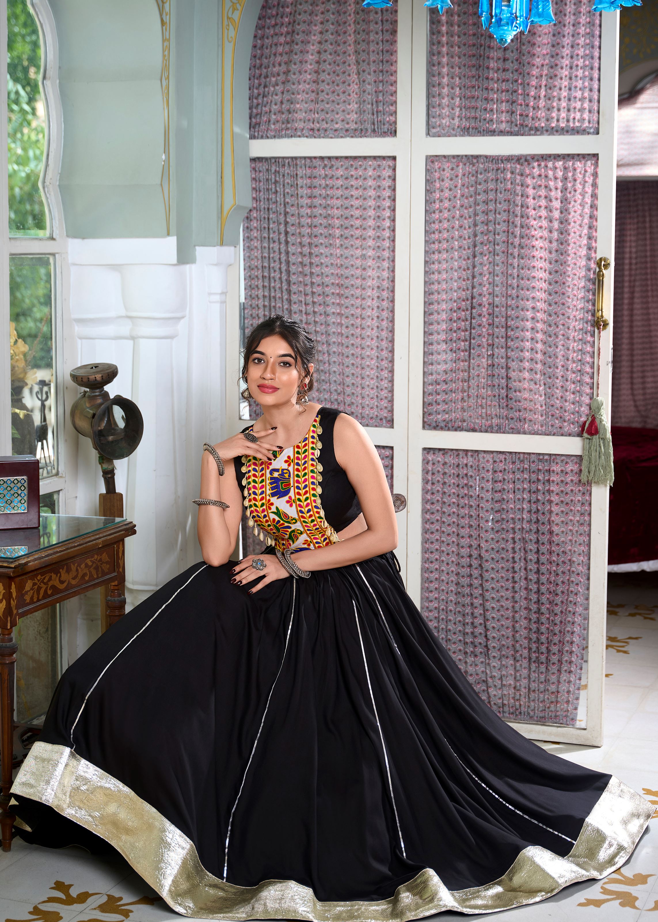 Black Classic Rayon Lehenga Choli with Lace Border  Gota Patti