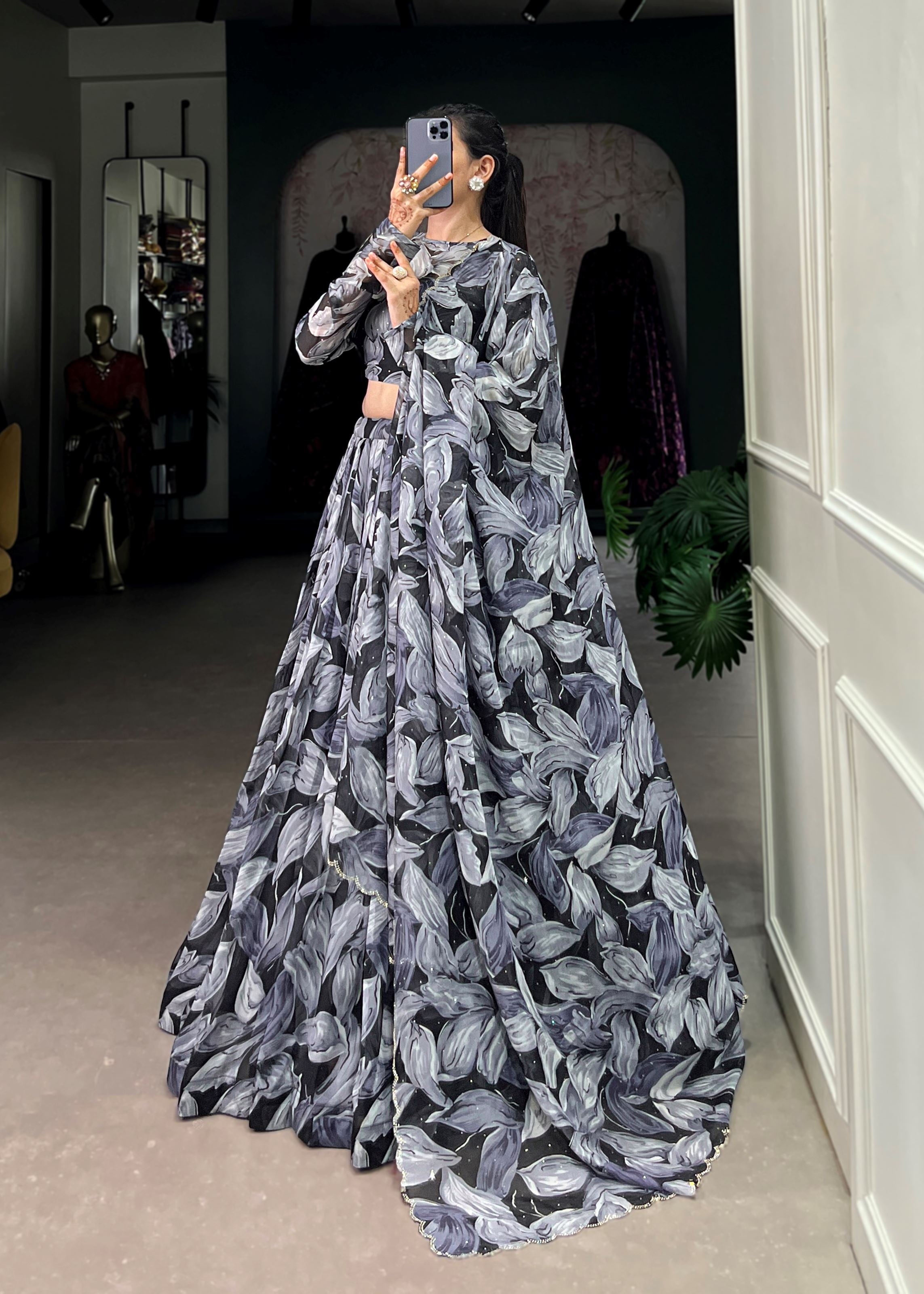Black Elegance Printed Tabby Silk Lehenga with Hotfix Work