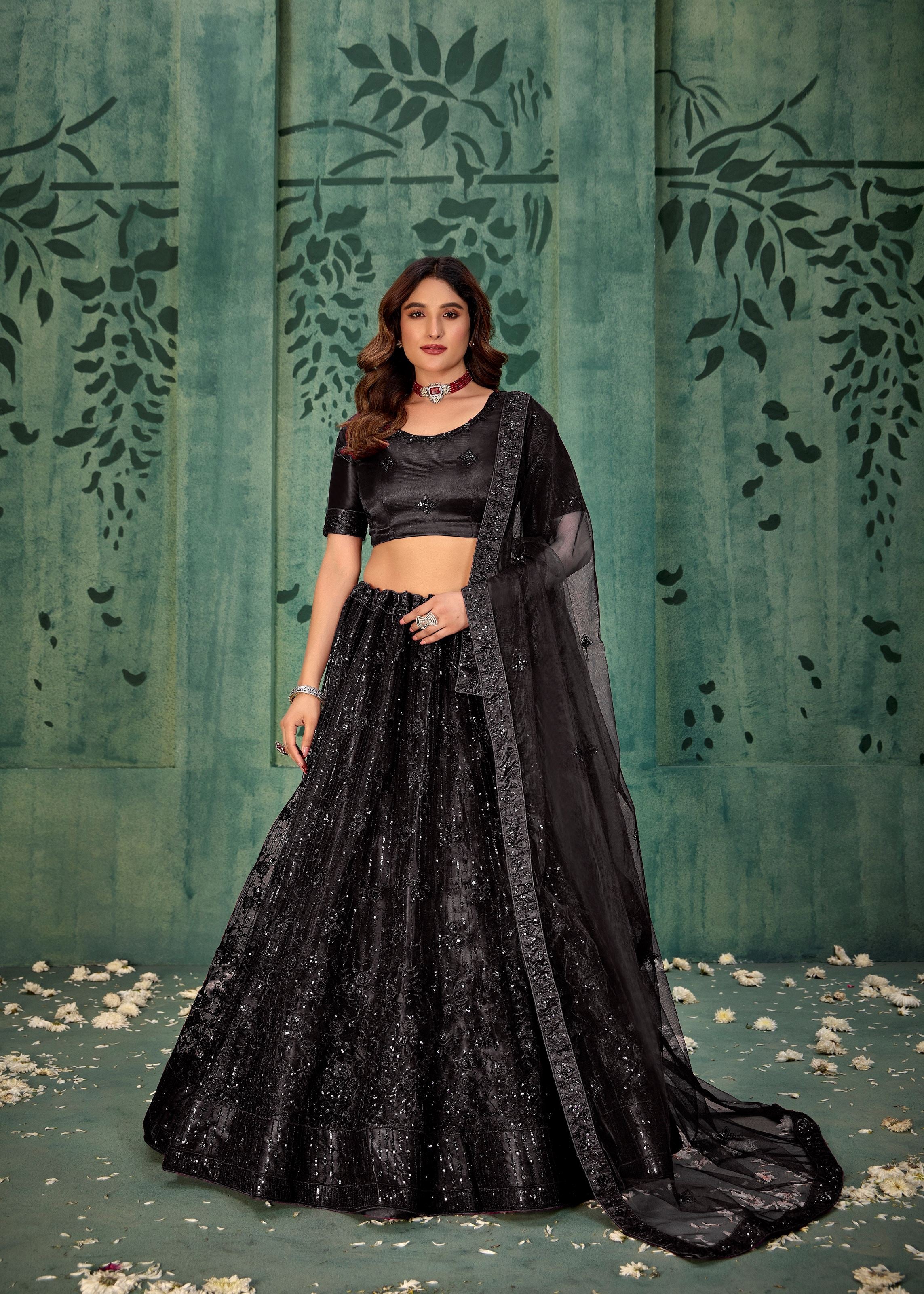 Black Net Lehenga with Sparkling Sequin Embroidery