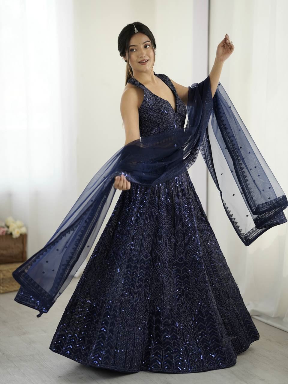 Blue Lehenga Choli with Sequins & Dori Work