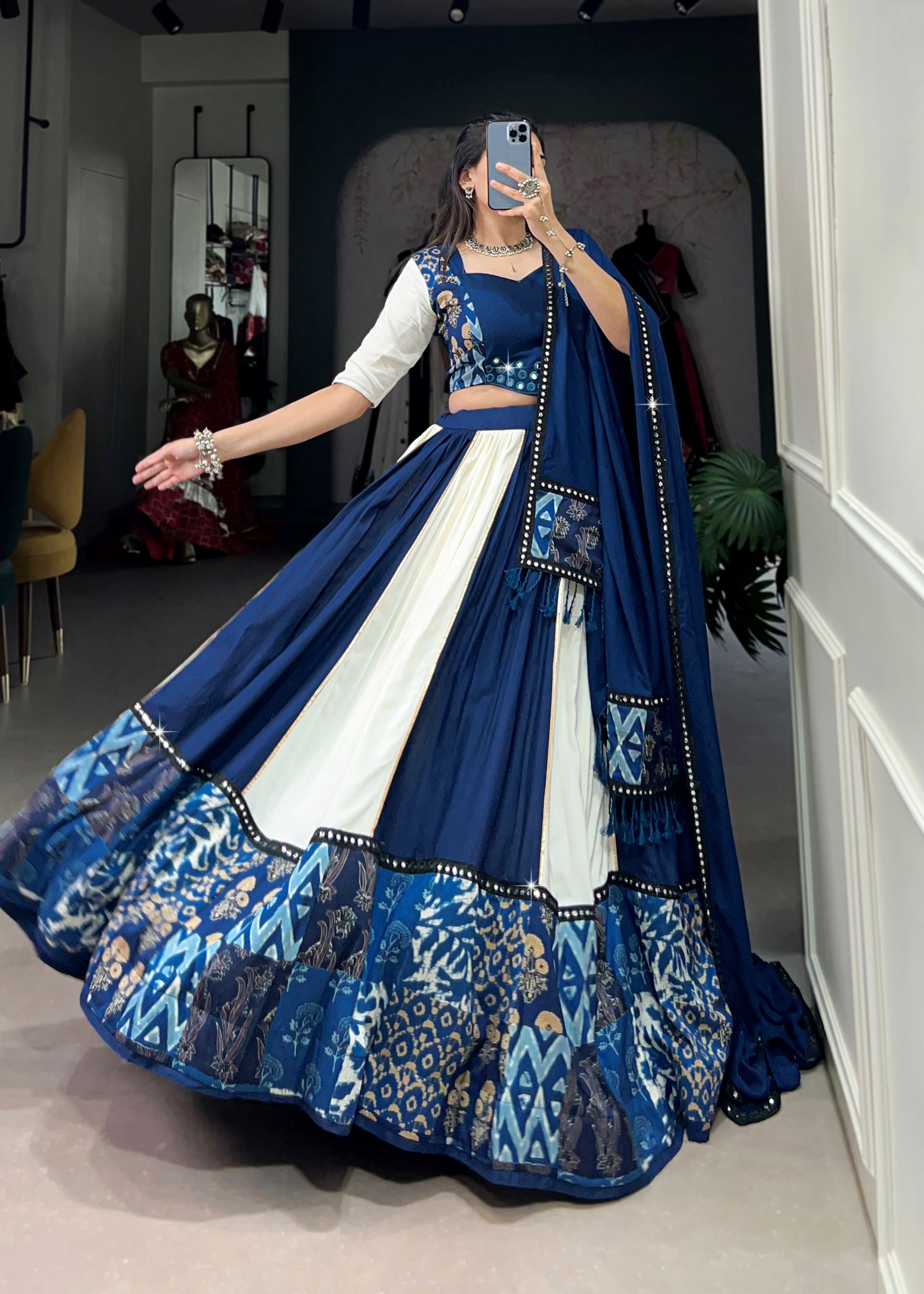 Blue Printed  Plain Rayon Lehenga with Mirror Lace and Gota Patti Sparkle
