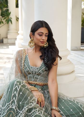 DustyGreen Butterfly Net Lehenga Choli With Designer Thread Work, Zari Work And Sequence Work