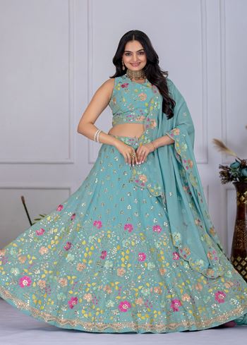 Firozi Lehenga Choli With Embroidery With Multi Thread  Sequence Work