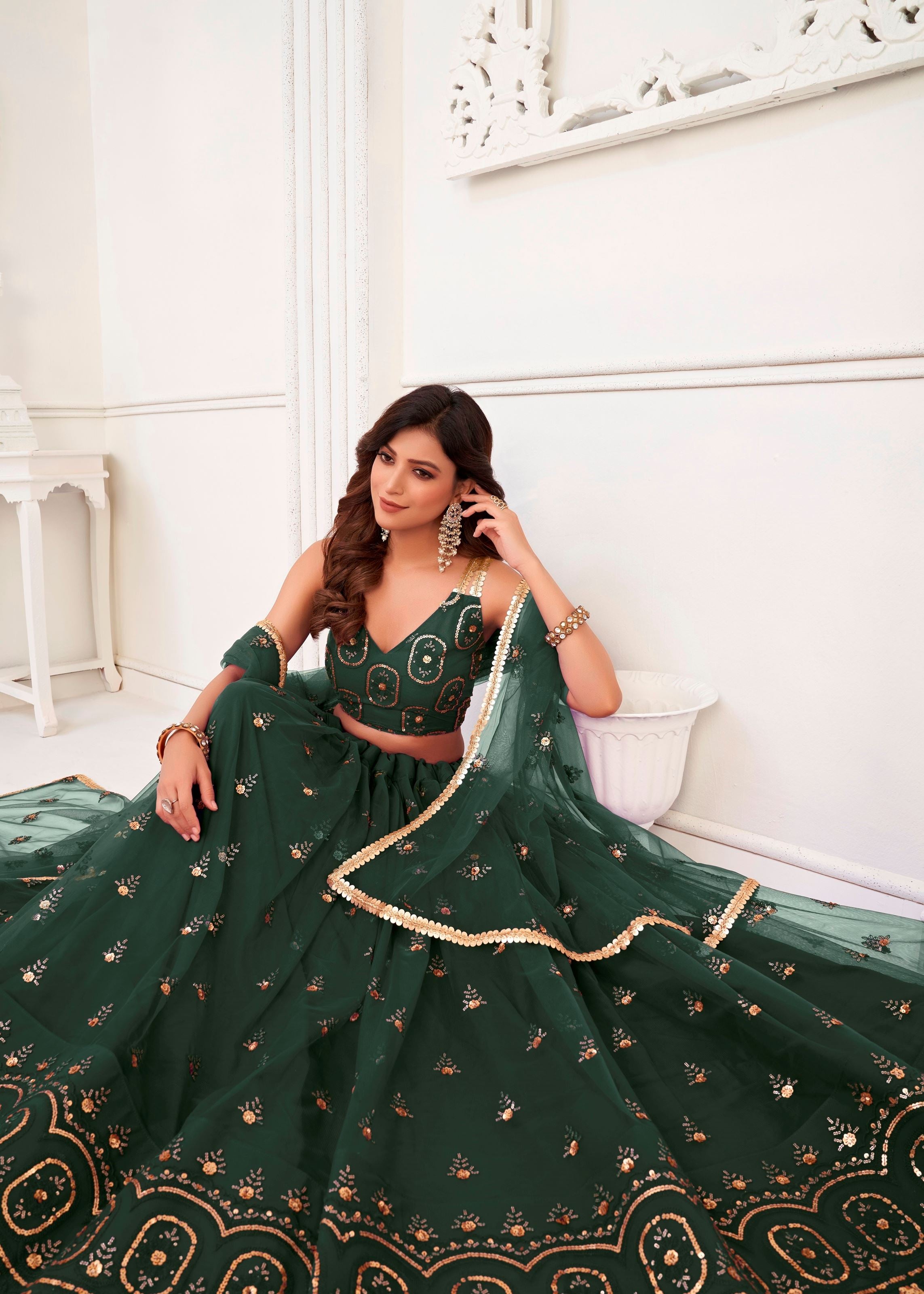 Green Butterfly Net Lehenga Choli With  Thread And Zari Sandwich Sequence Embroidery Work