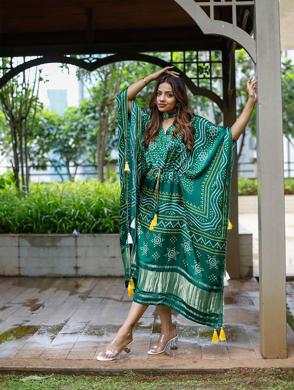 Green Color Pure Gaji Silk Kaftan with Gotta Patti  Tassels