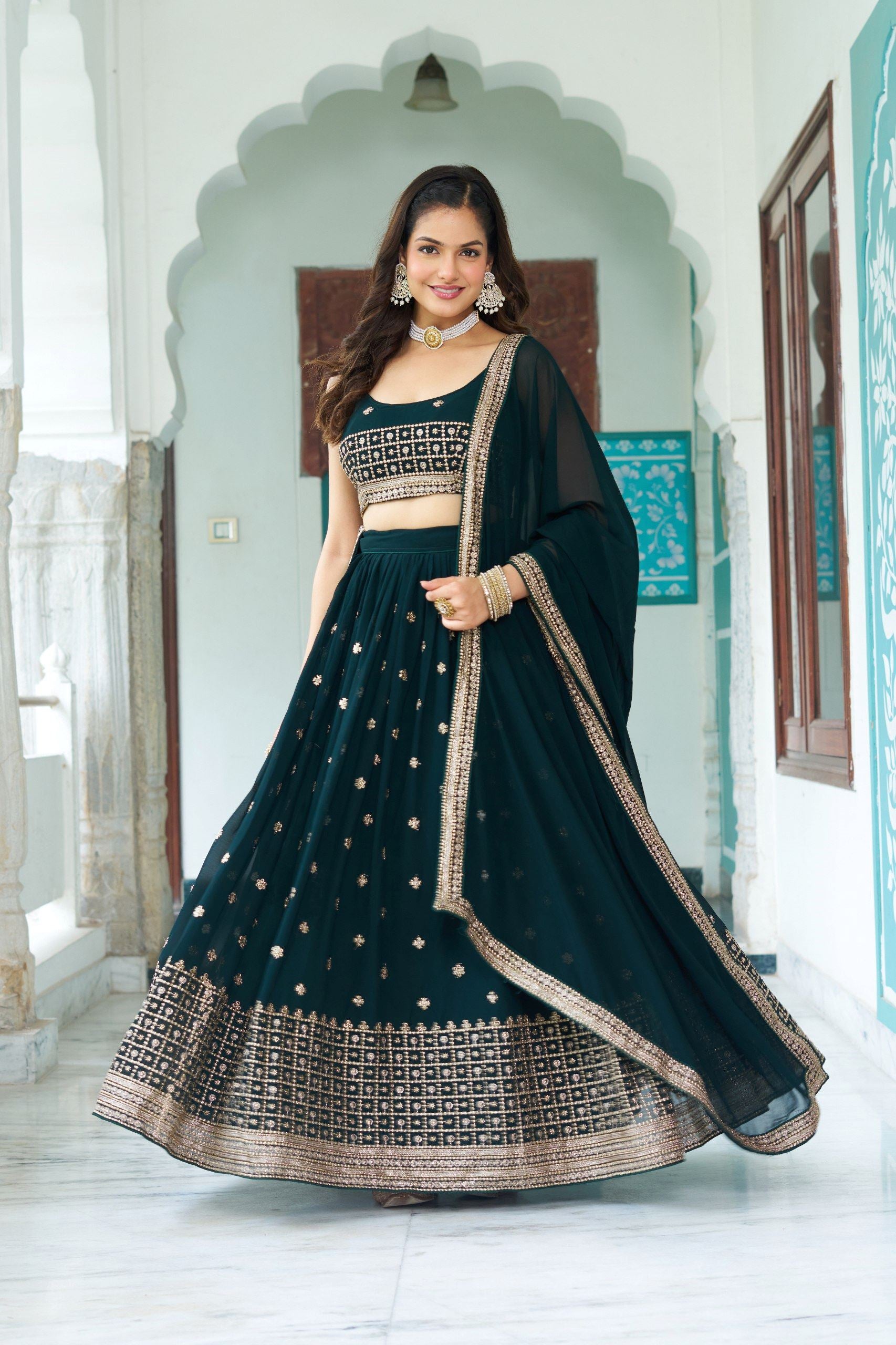 Green Lehenga Choli With Heavy Embroidery Withmulti Thread  Sequence Work