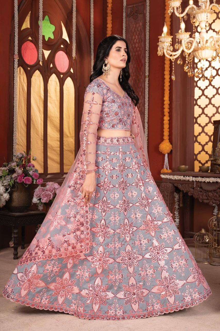 Grey Lehenga Choli With Thread Embroidery  And Heavy Sequins Work