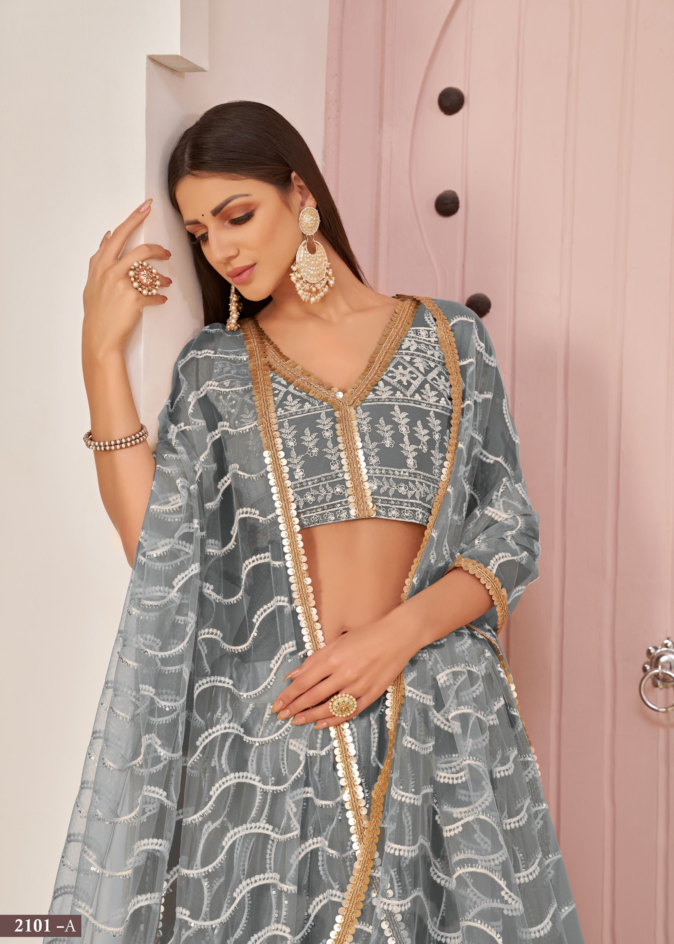 Grey Net Lehenga Choli With Thread Embroidery Work