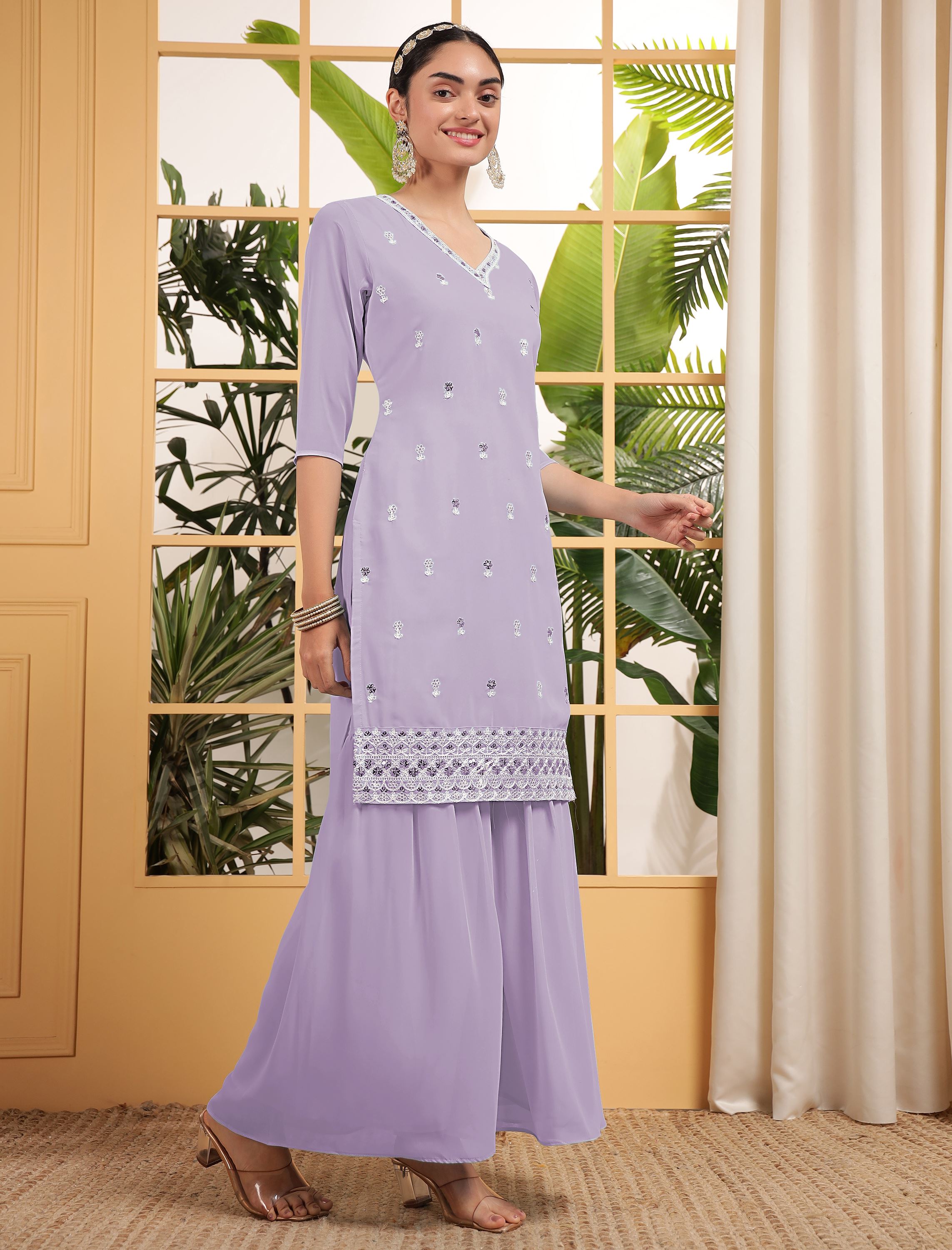 Lavender Sharara Dress With Sequence Embroidered