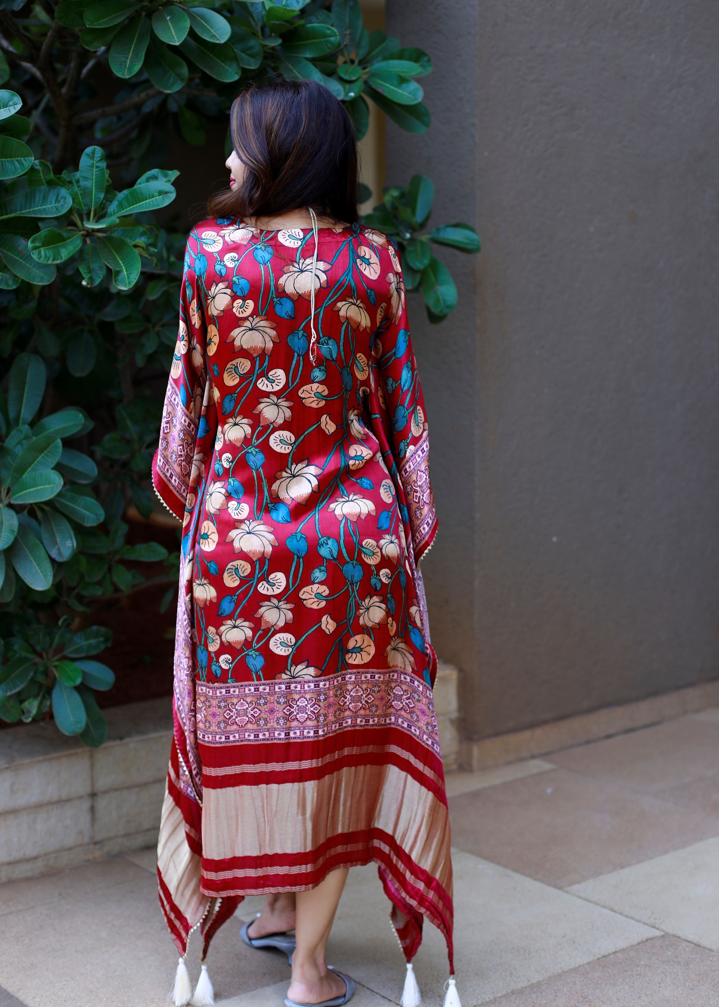 Maroon Color Pure Gaji Silk Kaftan with Gotta Patti  Tassels
