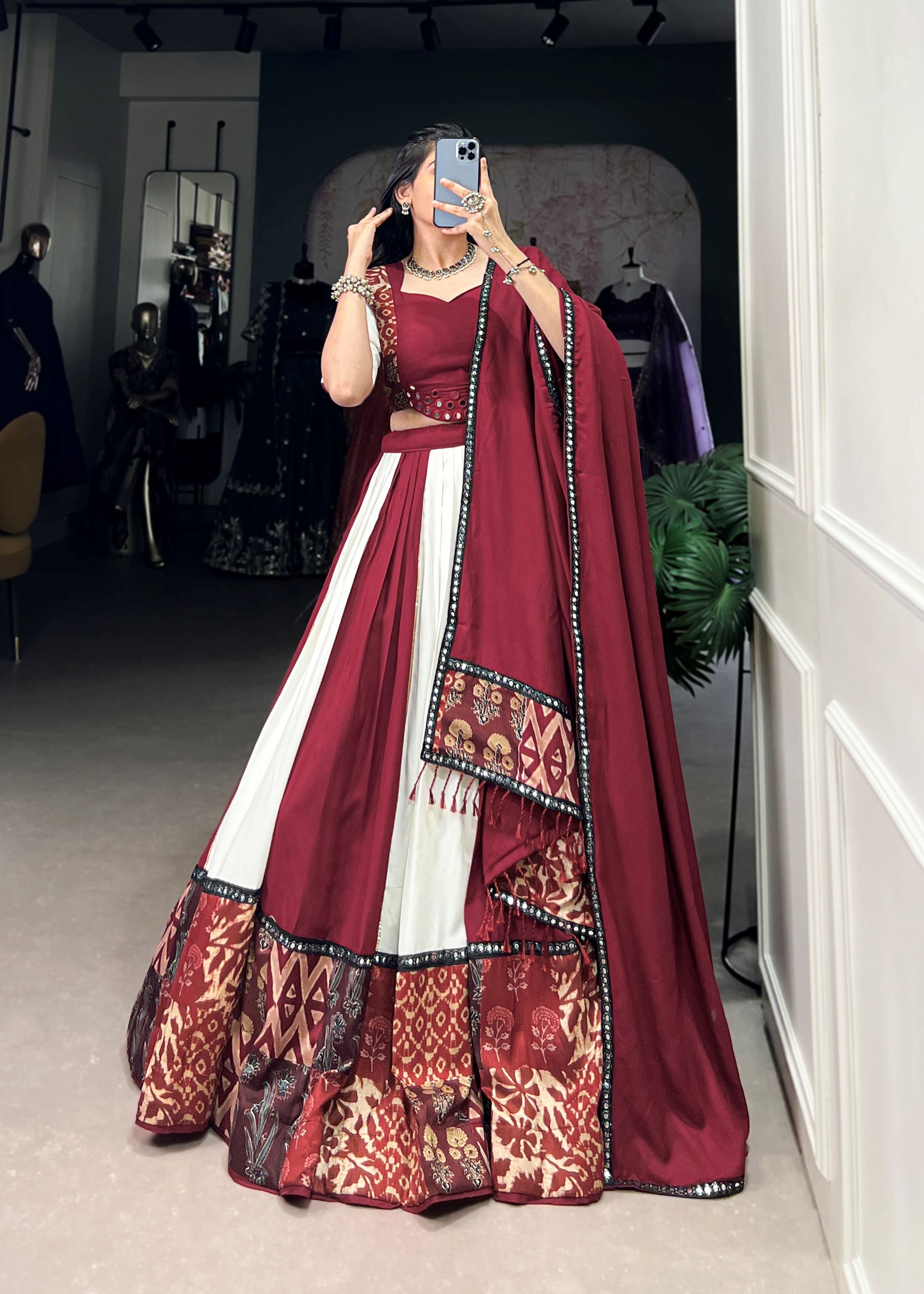 Maroon  Printed  Plain Rayon Lehenga with Mirror Lace and Gota Patti Sparkle