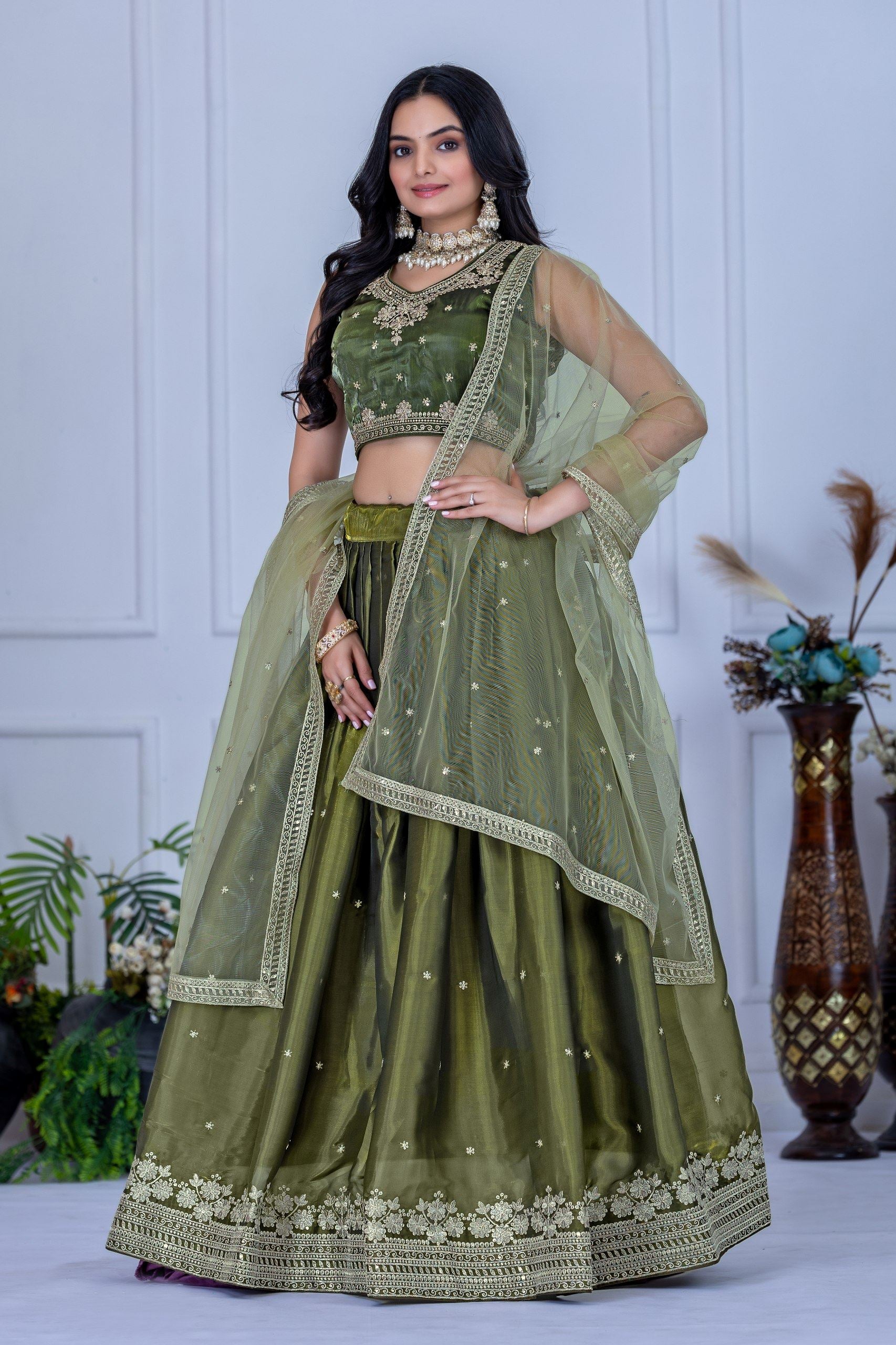 Mehandigreen Lehenga Choli With Embroidery With Zari Thread  Sequence Work