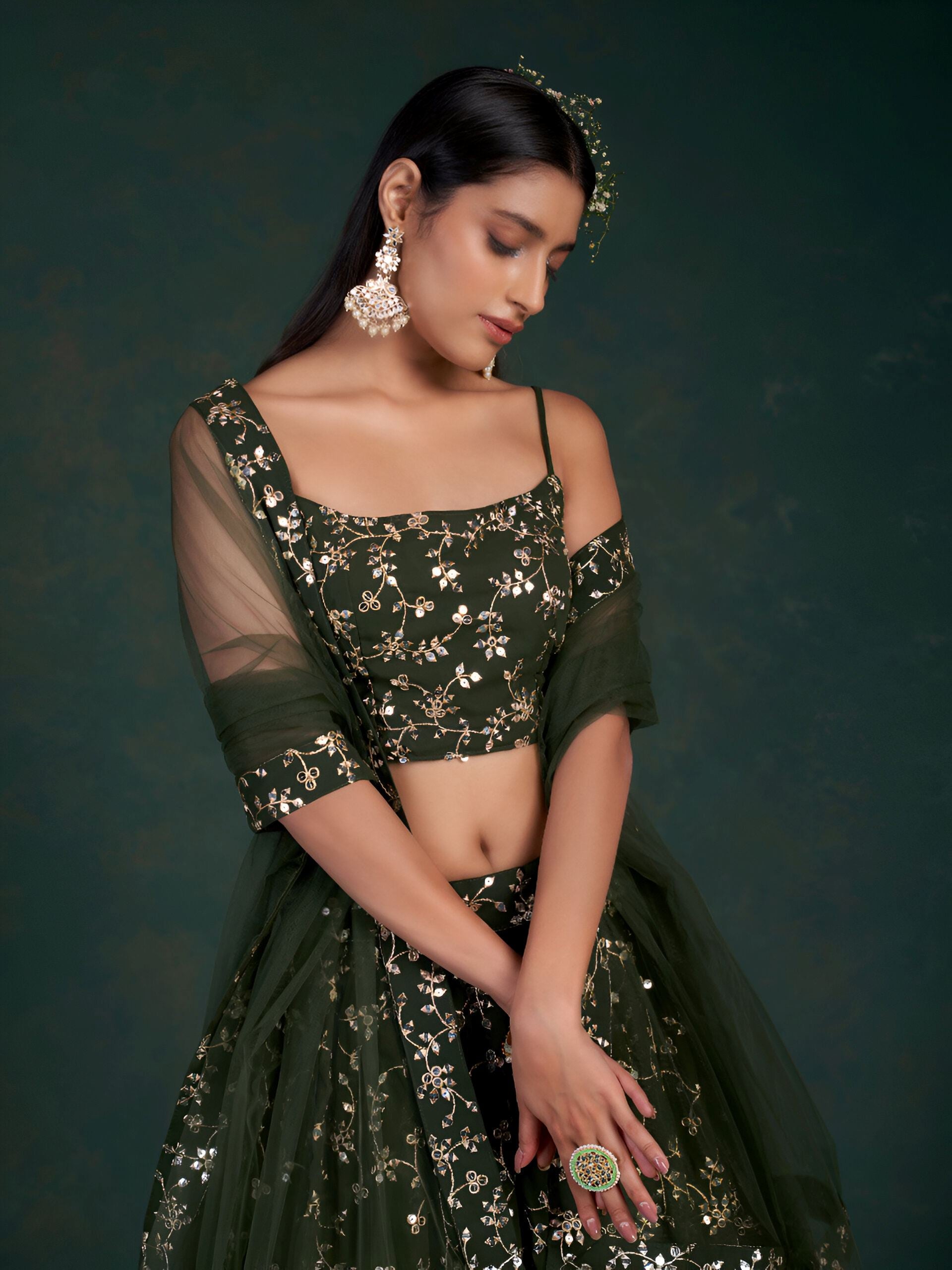 Mehendi Green Lehenga Choli with Heavy Sequence Zari work