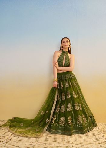 Mehendi green Lehenga Choli With Tone To Tone Thread Work Zari Work and Sequence Work Embroidery With Readymade Fancy Lace