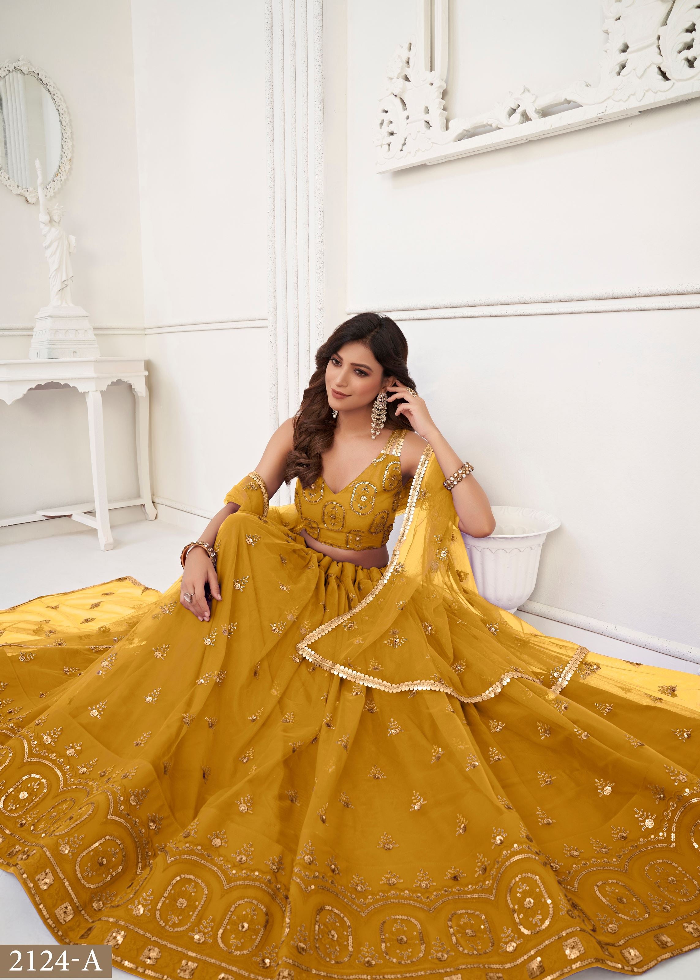 Mustard Butterfly Net Lehenga Choli With  Thread And Zari Sandwich Sequence Embroidery Work