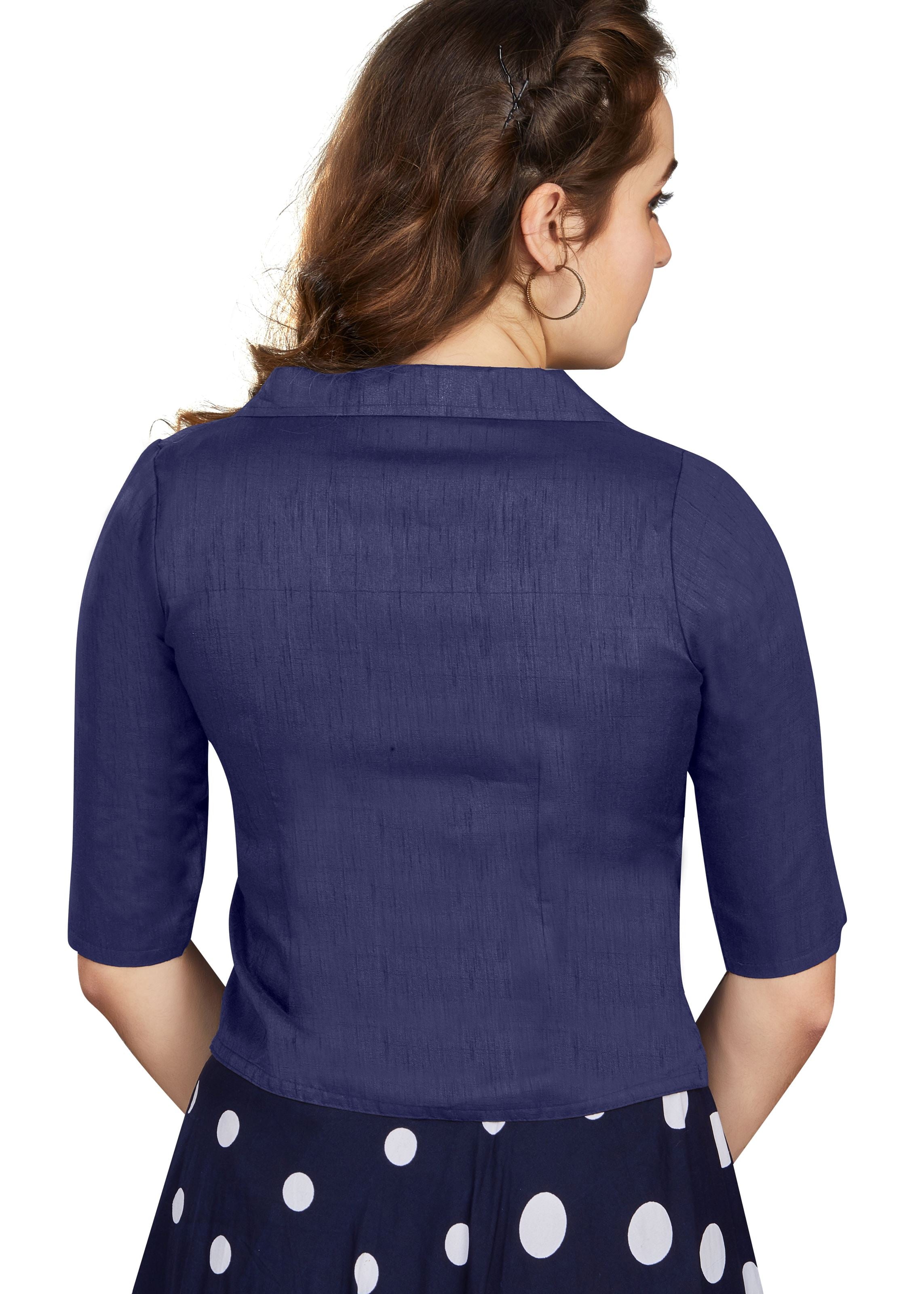 Navy Blue Art Silk Collar Neck Plain Blouse