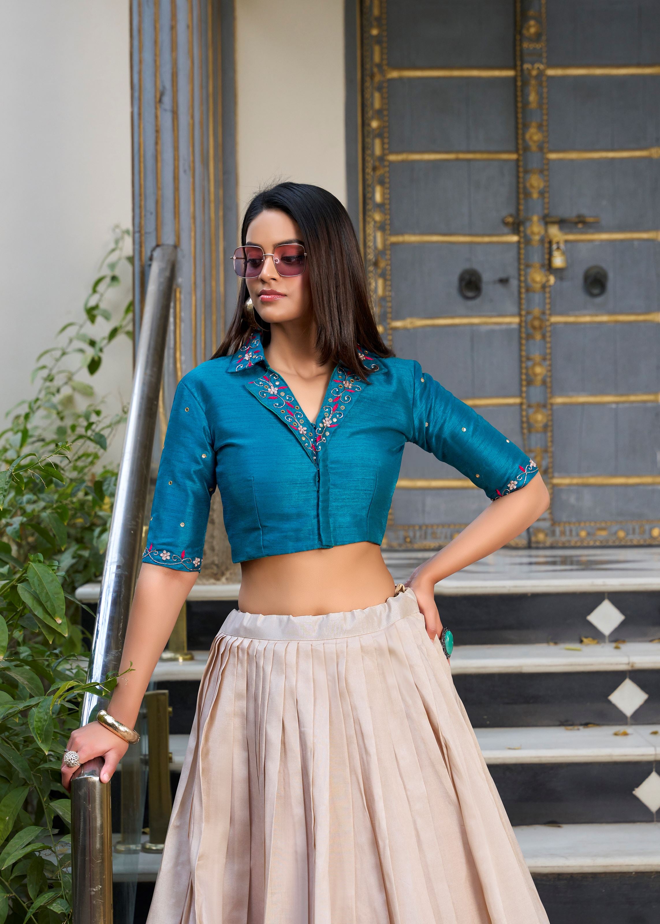 Off White Tussar Silk Lehenga with Delicate Floral Prints Ethnic  Elegant